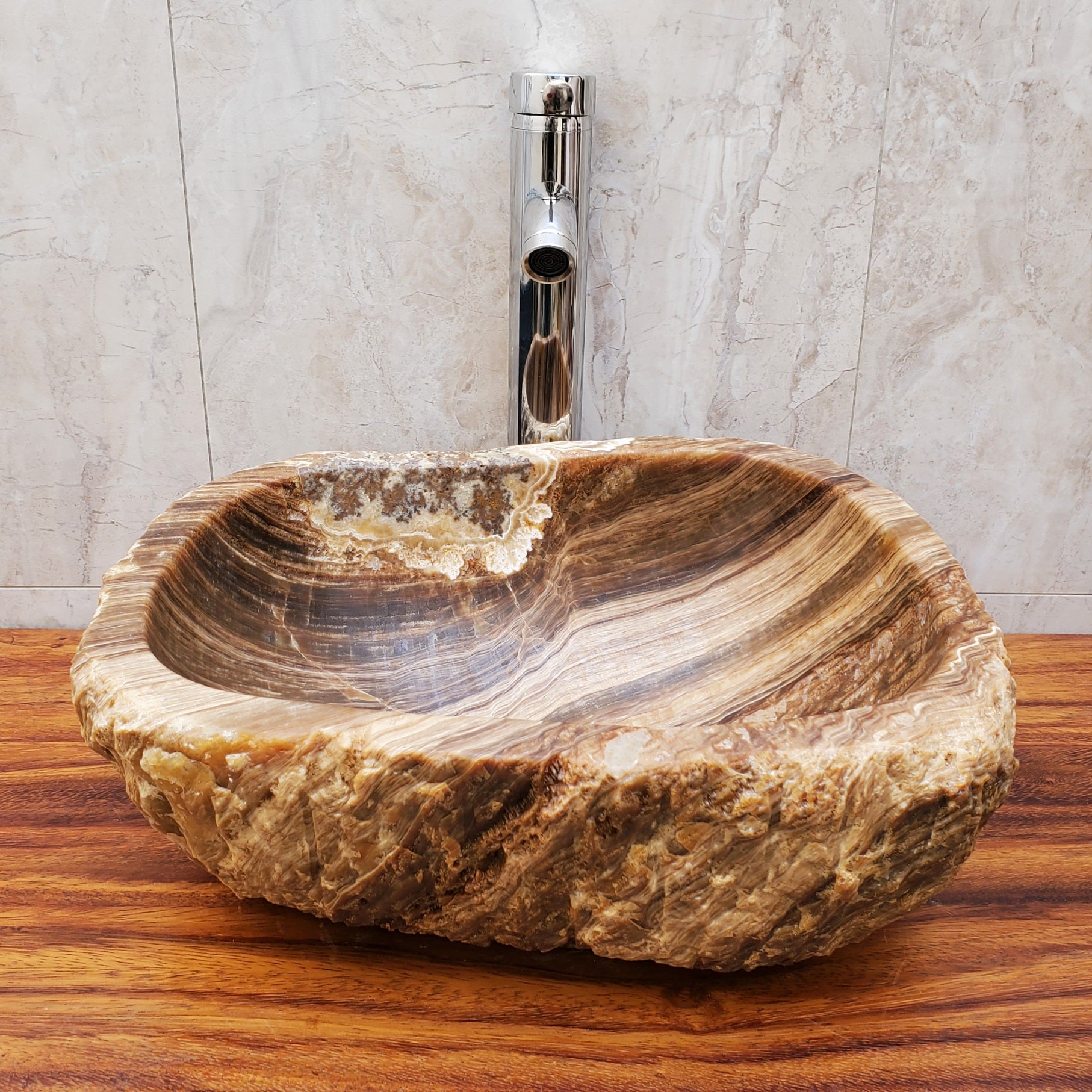 Chocolate and Tan Onyx Vessel Sink, Handmade in Mexico. Hand finished and ships from the USA. By now at www.felipenadgrace.com. 