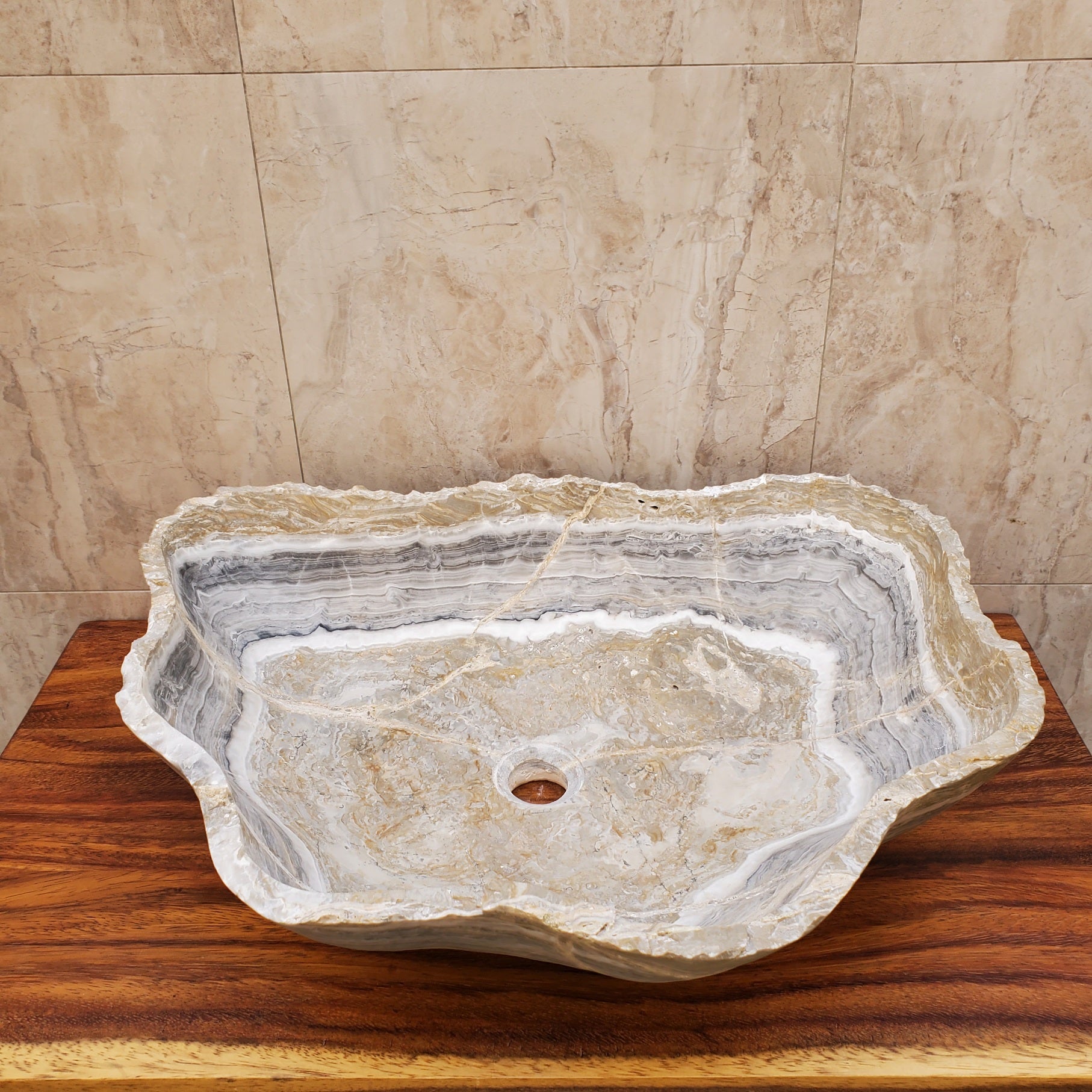 Gray, Light Brown, and White Onyx Vessel Sink. Handmade in Mexico. We hand finish and ship from the USA. Buy now at www.felipeandgrace.com. 
