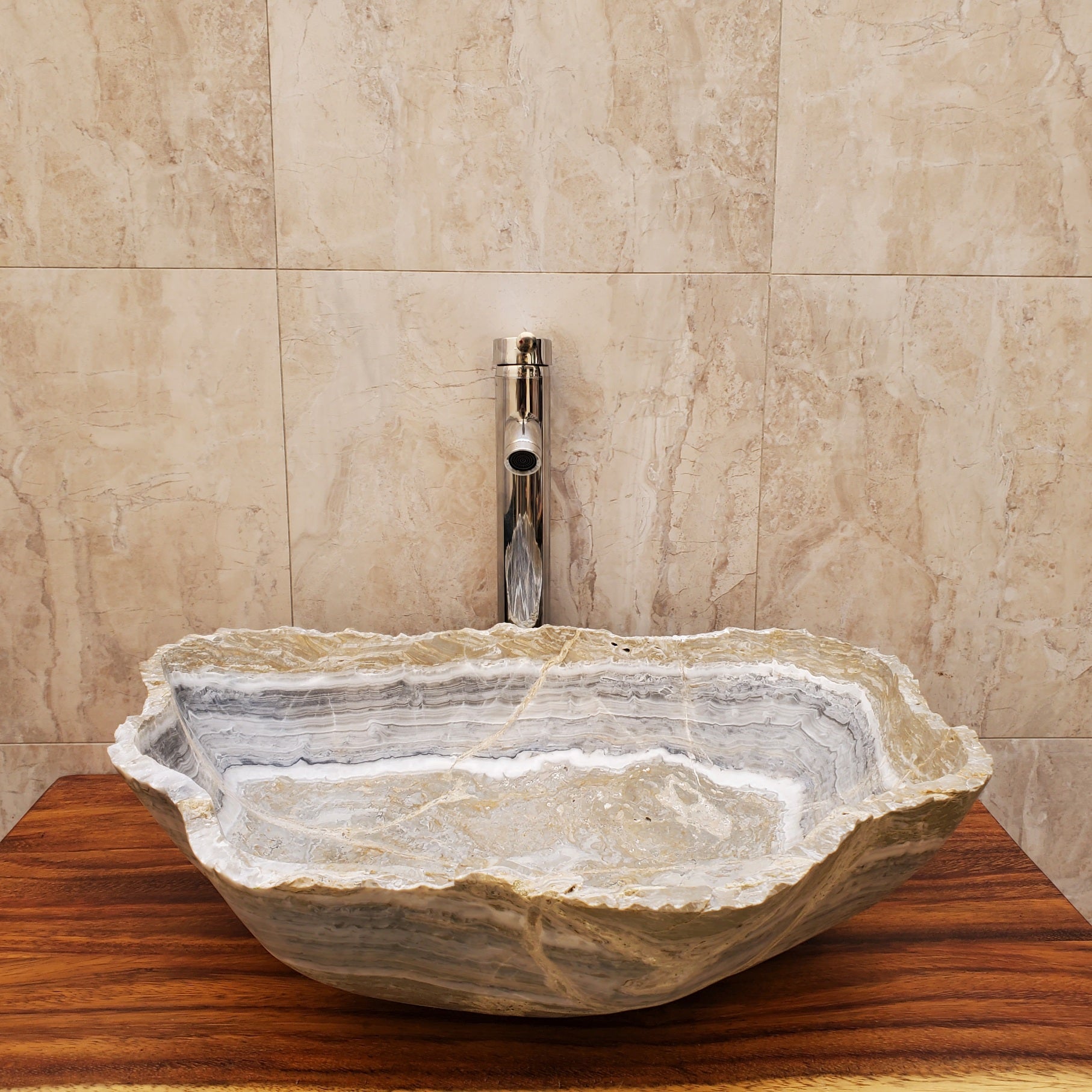Gray, Light Brown, and White Onyx Vessel Sink. Handmade in Mexico. We hand finish and ship from the USA. Buy now at www.felipeandgrace.com. 