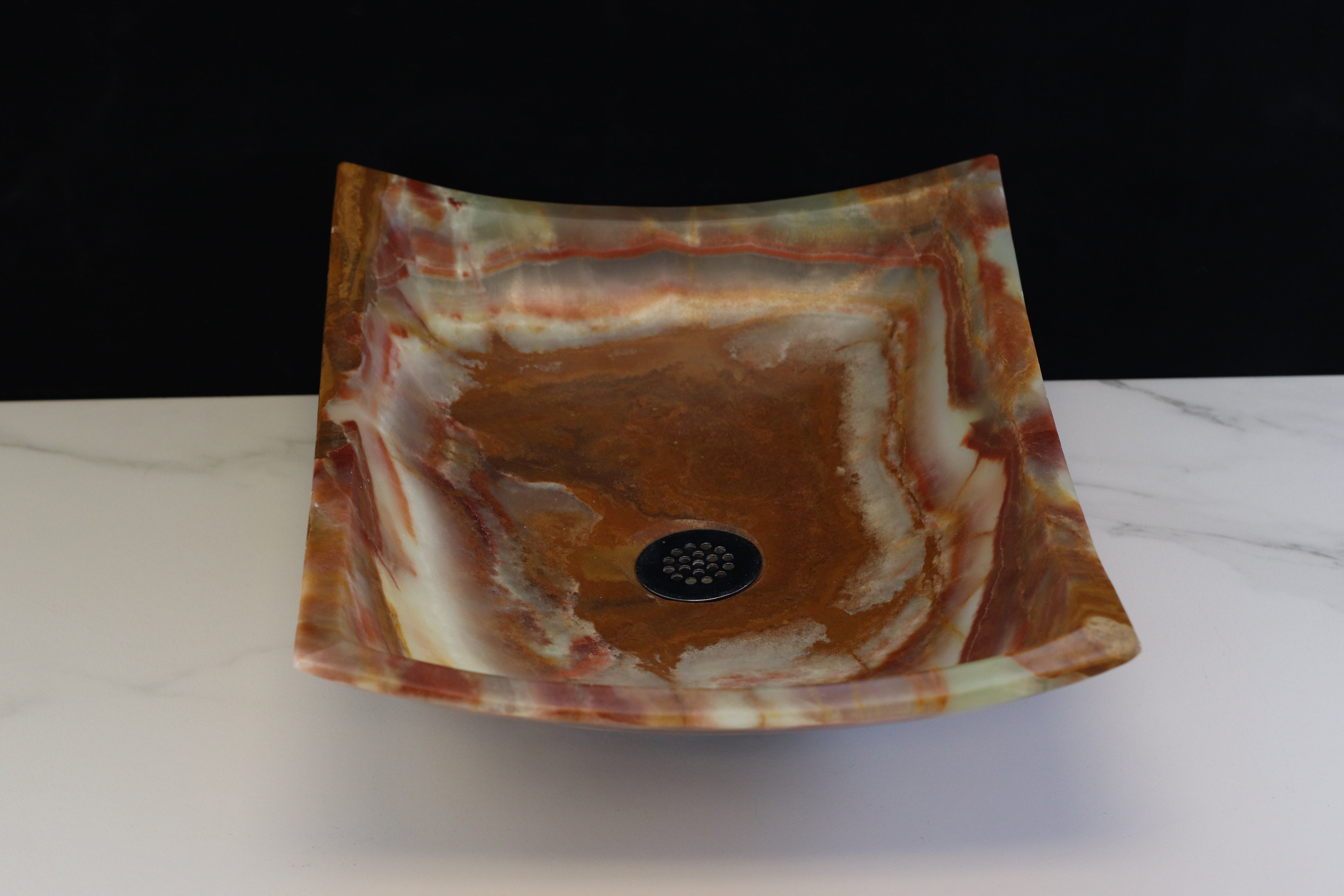 S9_08 Brown and Green Onyx Vessel Bathroom Sink - Rectangle