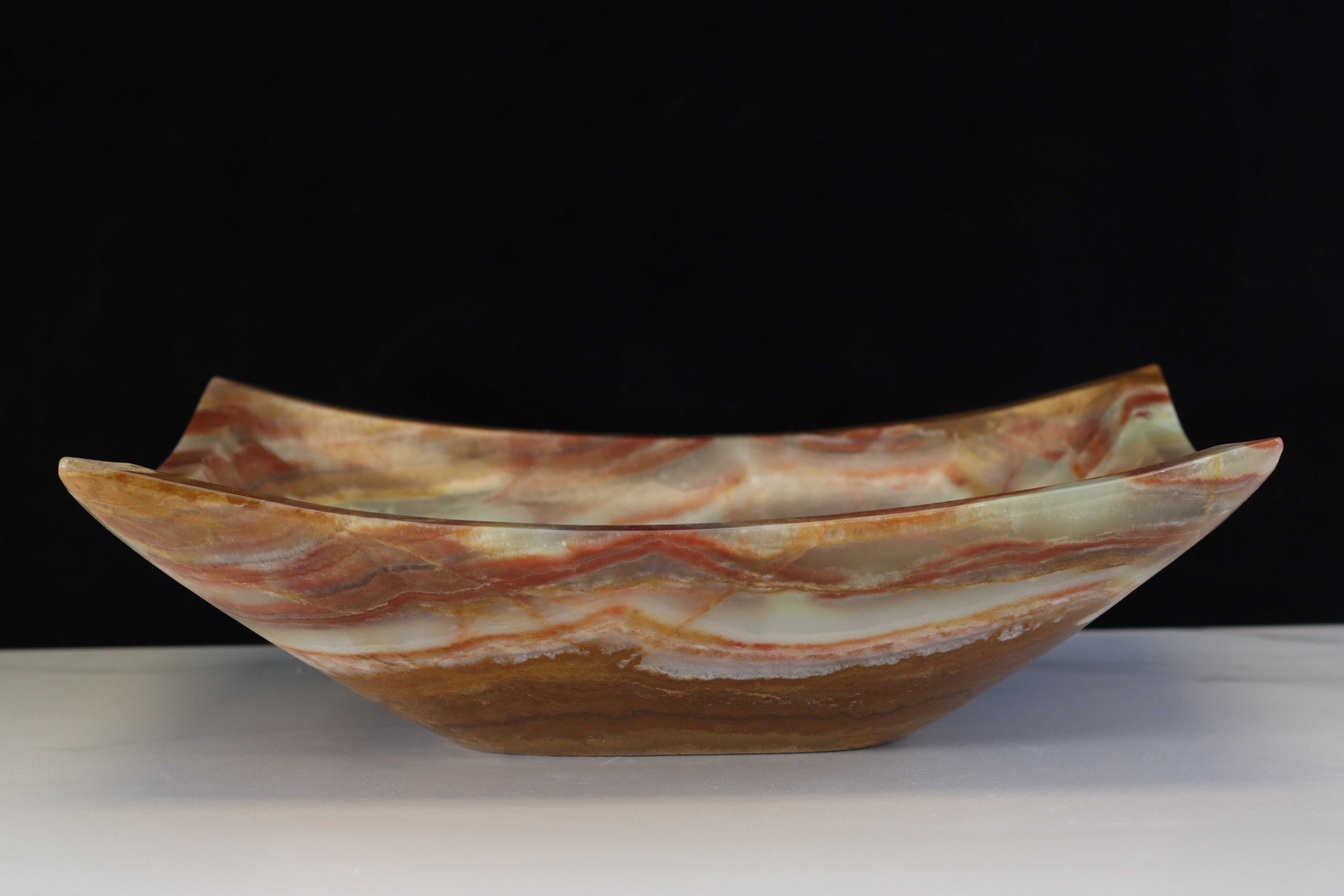 S9_08 Brown and Green Onyx Vessel Bathroom Sink - Rectangle