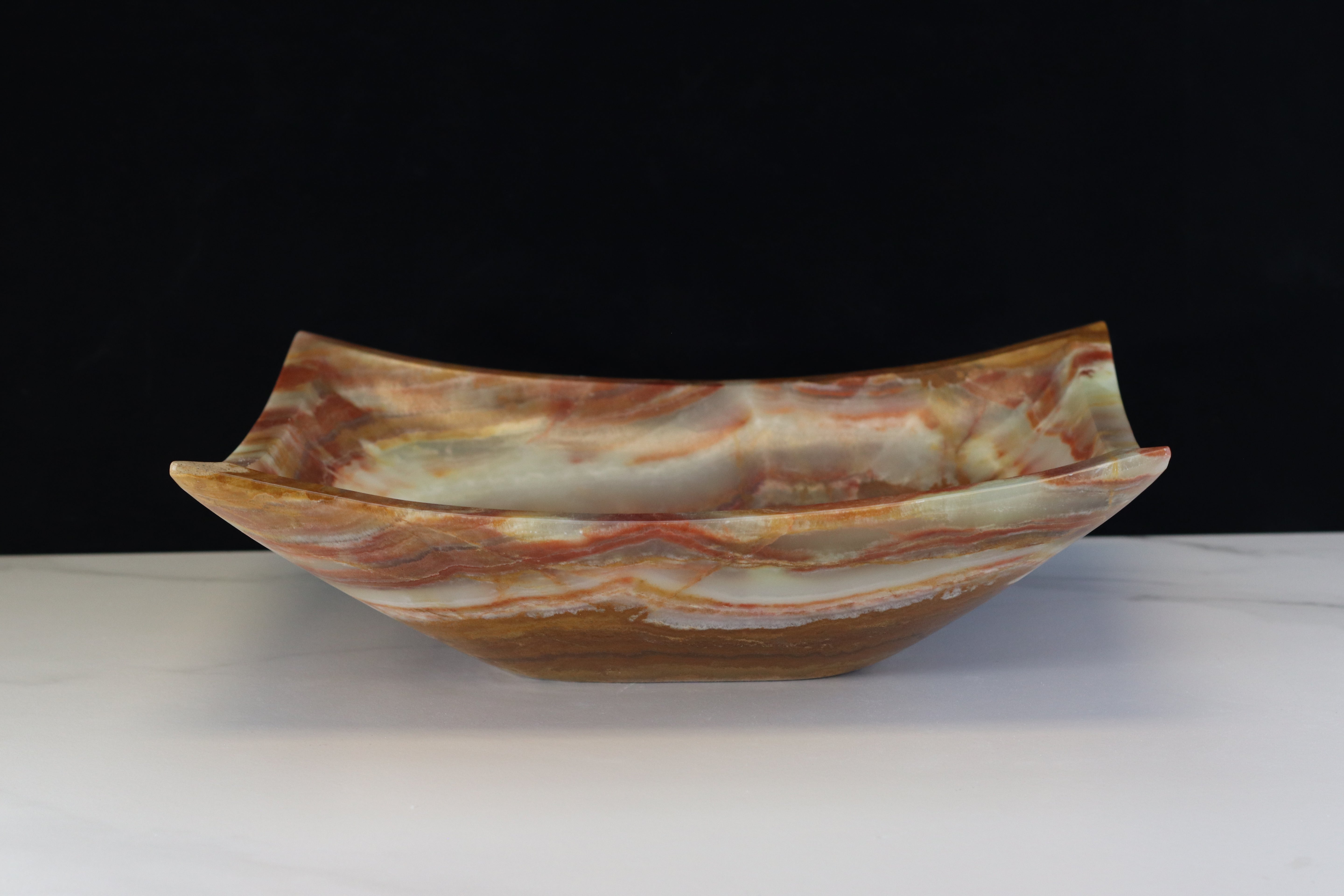 S9_08 Brown and Green Onyx Vessel Bathroom Sink - Rectangle