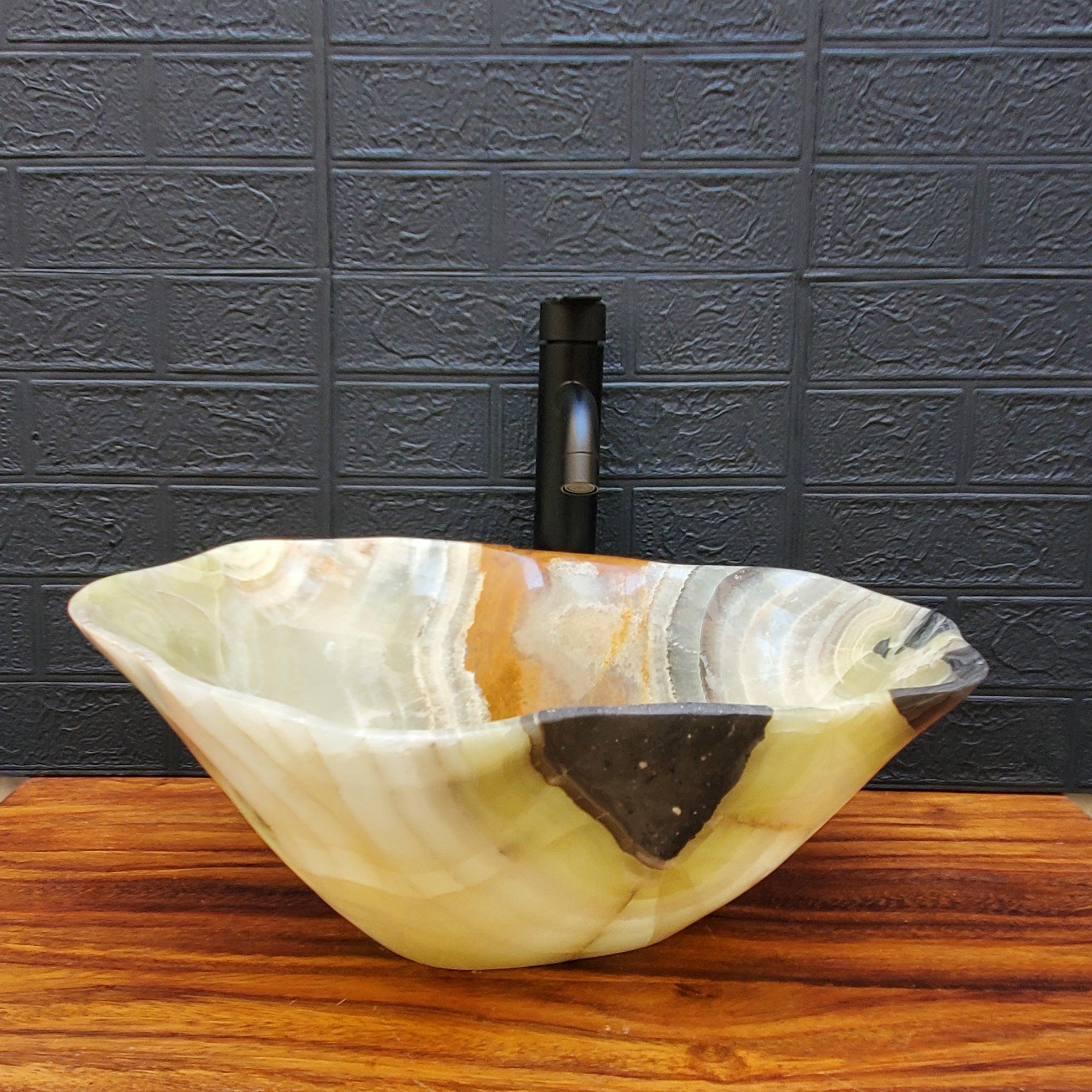 Green, Brown, and Black Onyx Vessel Sink. Handmade in Mexico. Hand Finished and Ships from The USA. Buy now at www.felipeandgrace.com.