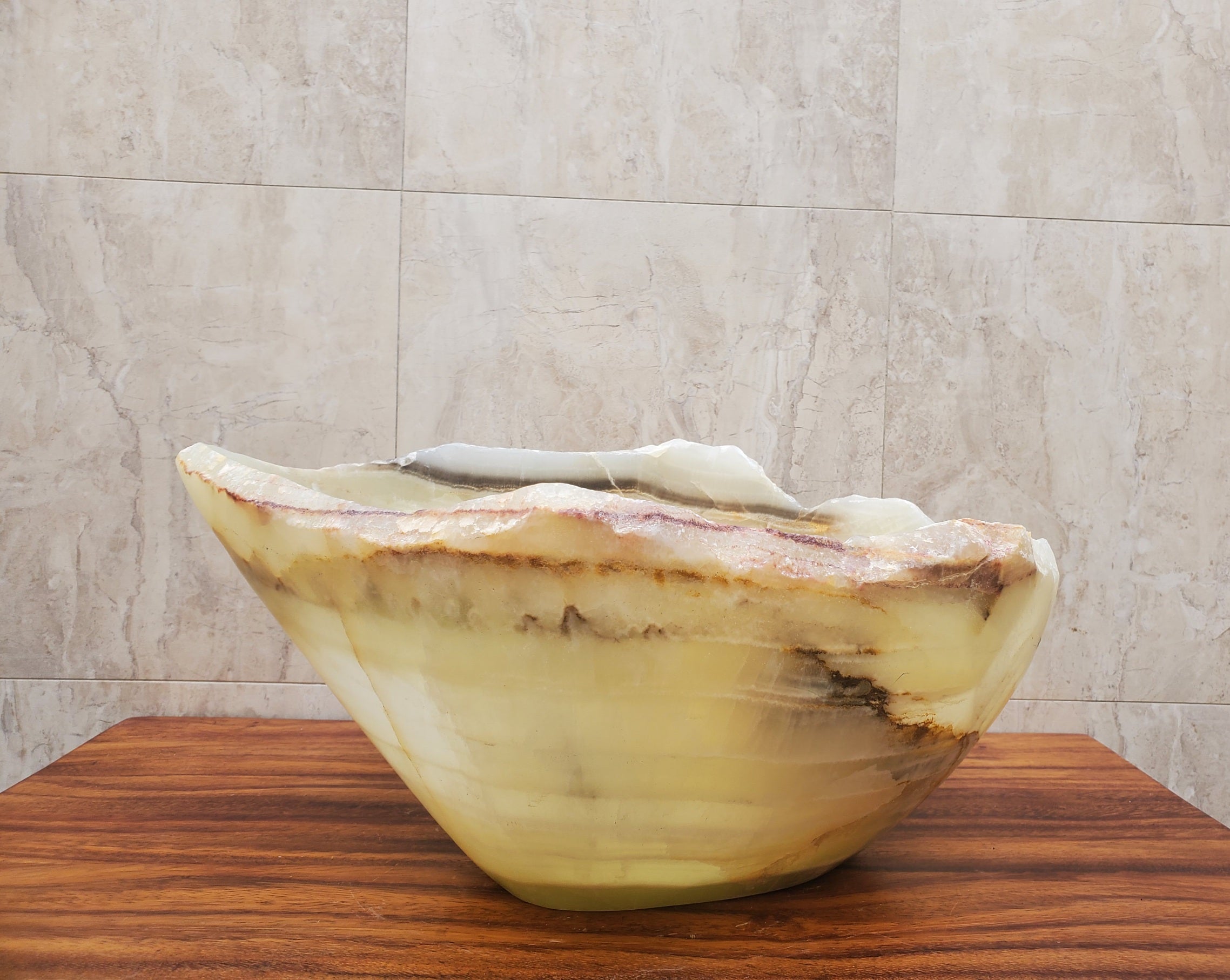 Green and White Onyx Vessel Sink. Handmade in Mexico. Hand-finished and ships from the USA. Buy now at www.felipeandgrace.com. 