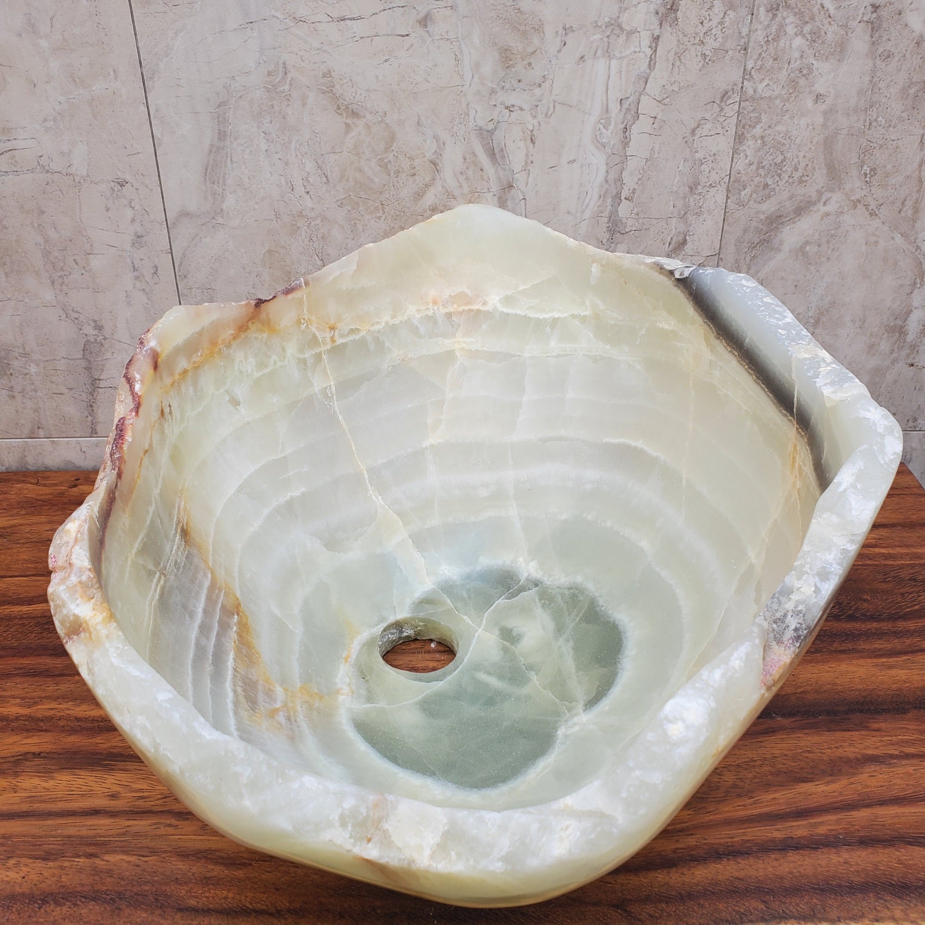 Green and White Onyx Vessel Sink. Handmade in Mexico. Hand-finished and ships from the USA. Buy now at www.felipeandgrace.com. 