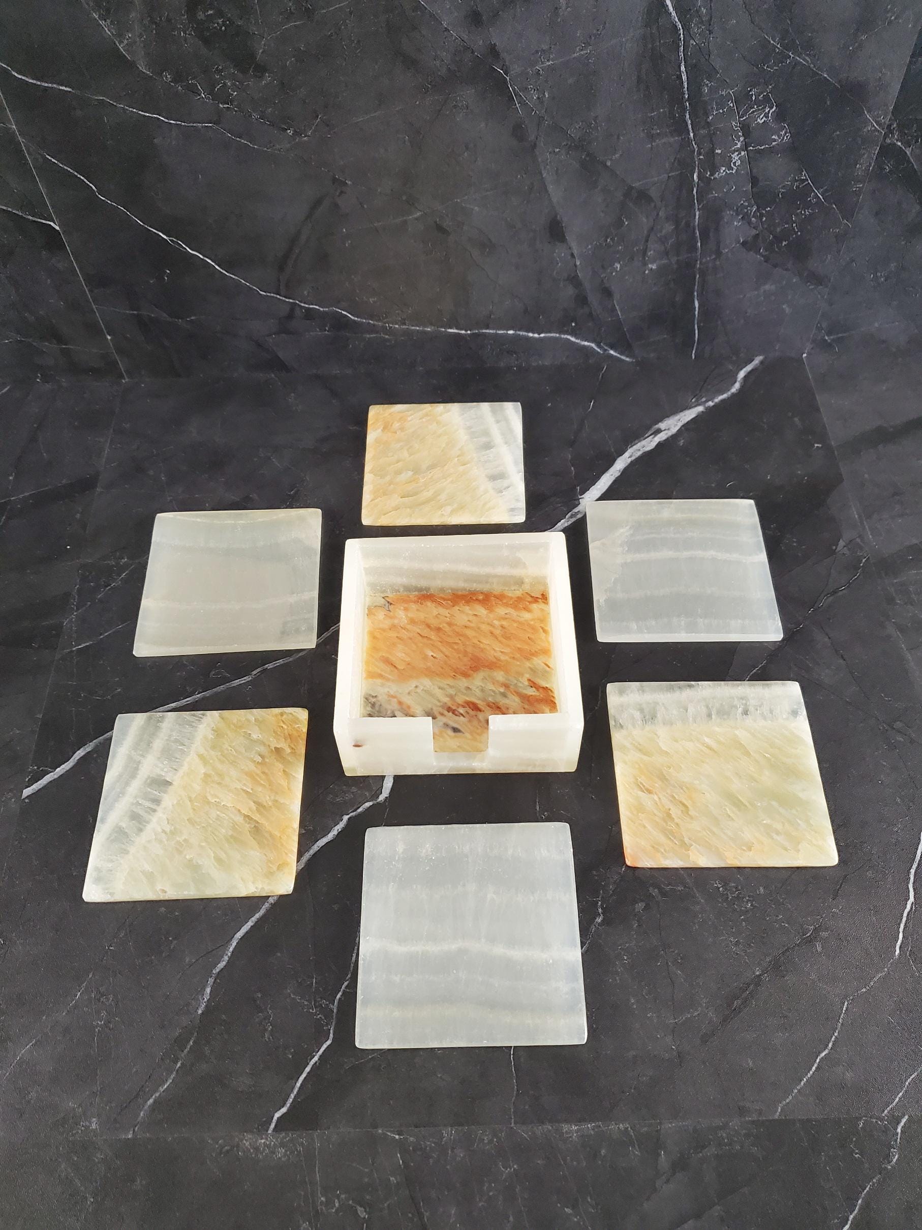 Onyx Square Drink Coasters, Stone Set of 6 with Holder, Living Room and Patio Decor