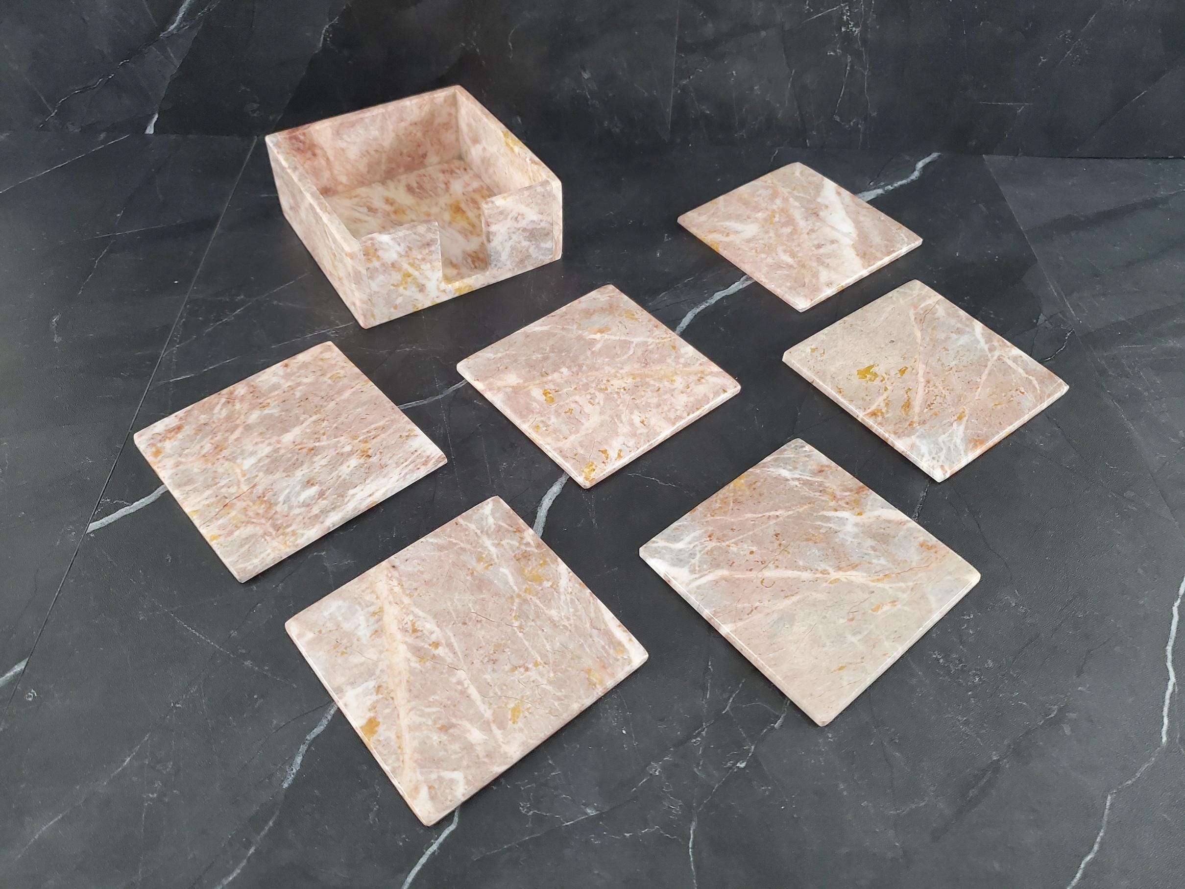 Onyx Square Drink Coasters, Stone Set of 6 with Holder, Living Room and Patio Decor