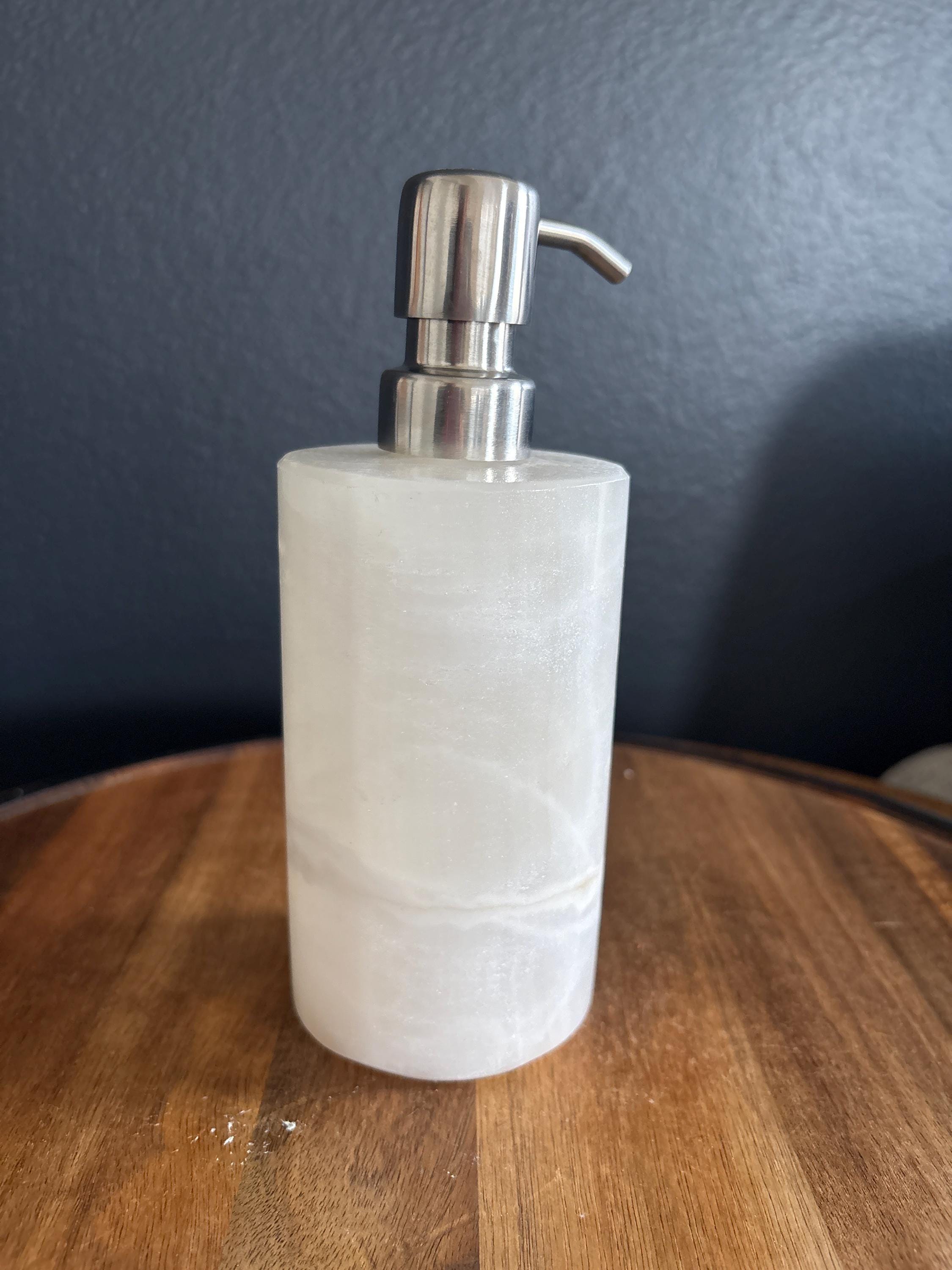 White Onyx Lotion Dispenser, Stone Soap Bottle with Pump, Cylindrical Shape, Nickel Spout