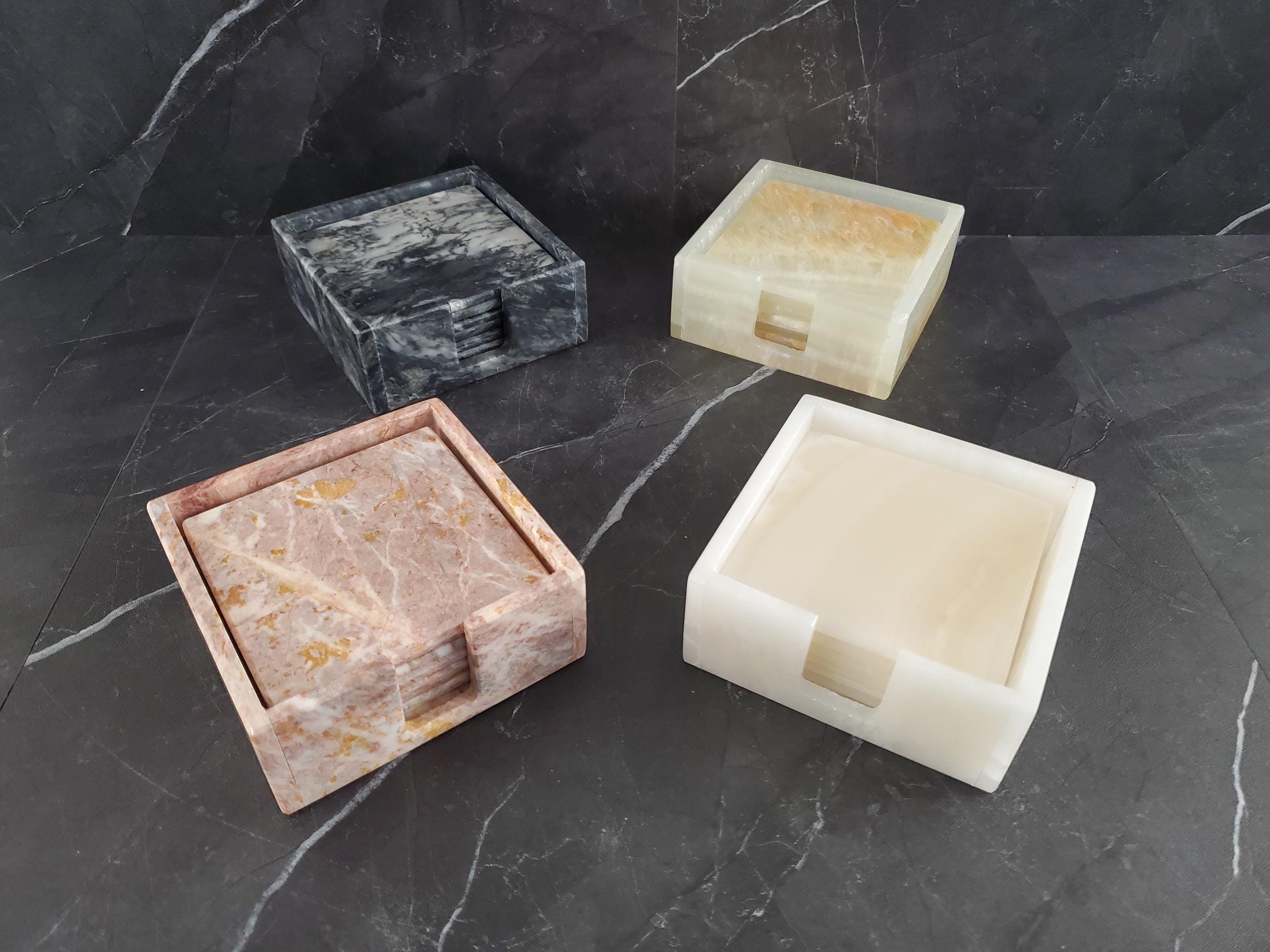 Onyx Square Drink Coasters, Stone Set of 6 with Holder, Living Room and Patio Decor