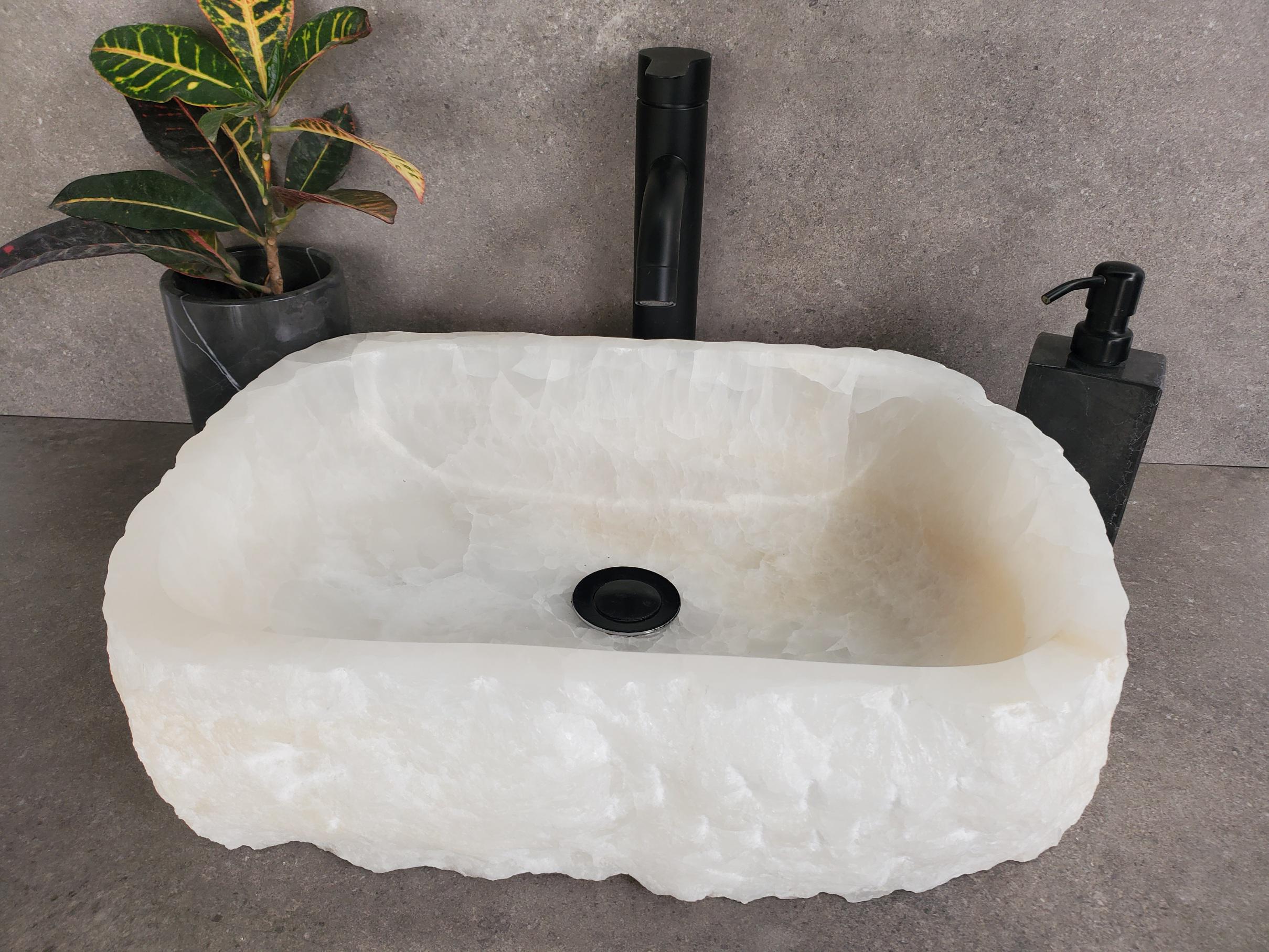 White Onyx Marble Vessel Sink – Natural Stone Countertop Sink, Polished Vanity Basin, Luxury Spa Bathroom Decor 18x13 Inch