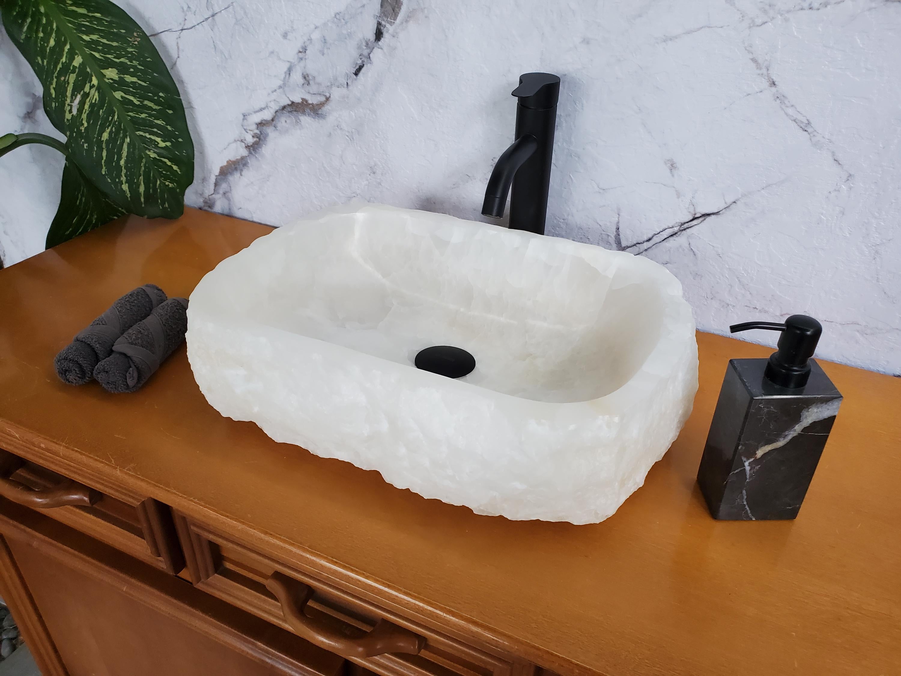 White Onyx Marble Vessel Sink – Natural Stone Countertop Sink, Polished Vanity Basin, Luxury Spa Bathroom Decor 18x13 Inch