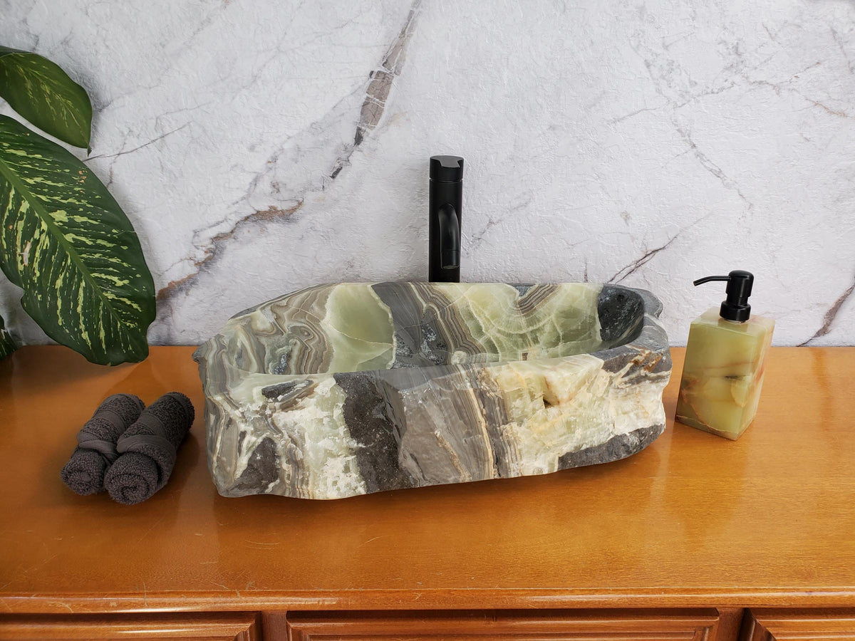 S36_04 Green Onyx Sink Custom order for SHARON Bathroom Décor Beautiful sink bespoke trend 2025 green teal aqua green teal umber grey gray brown hand wash basin home design trends luxury bathroom marble onyx sink natural stone sink plumbing fixture Rustic Onyx Vessel Sinks rustic vessel sink