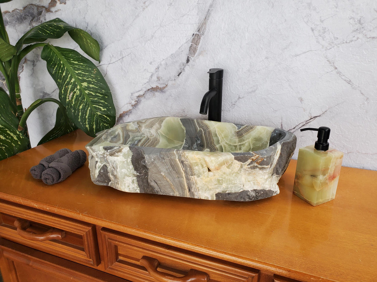 S36_04 Green Onyx Sink Custom order for SHARON Bathroom Décor Beautiful sink bespoke trend 2025 green teal aqua green teal umber grey gray brown hand wash basin home design trends luxury bathroom marble onyx sink natural stone sink plumbing fixture Rustic Onyx Vessel Sinks rustic vessel sink