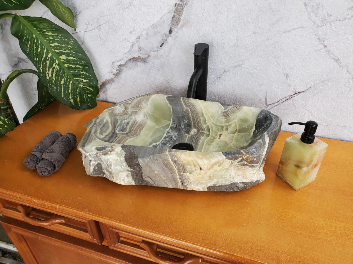 S36_04 Green Onyx Sink Custom order for SHARON Bathroom Décor Beautiful sink bespoke trend 2025 green teal aqua green teal umber grey gray brown hand wash basin home design trends luxury bathroom marble onyx sink natural stone sink plumbing fixture Rustic Onyx Vessel Sinks rustic vessel sink