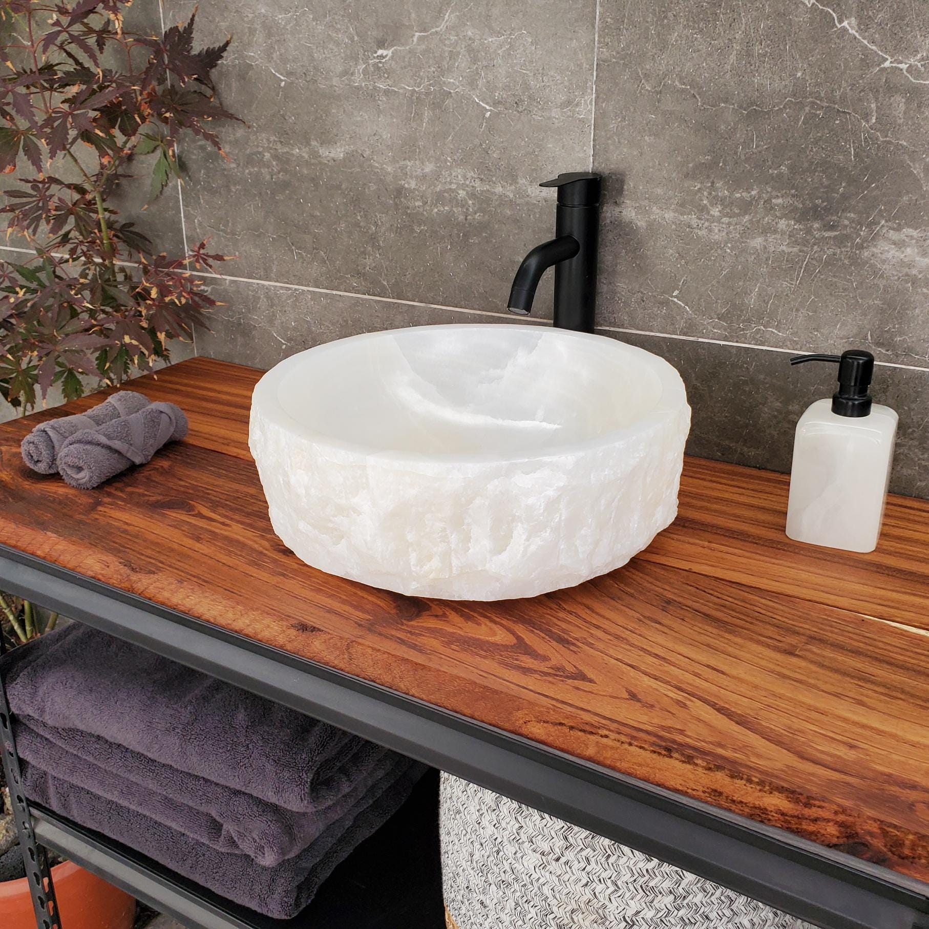 White Onyx Vessel Sink, Natural Stone Vanity Basin, Polished Bathroom Countertop Sink, Spa Decor 15x15 Inch Above Counter sink Bathroom Décor beige tan taupe hand basin bowl handmade powder room Home design trends luxury bathroom Marble Onix Rock modern contemporary natural stone sink plumbing fixture Rectangle Vessel Tan Rustic Onyx Vessel Sinks Translucent Polish