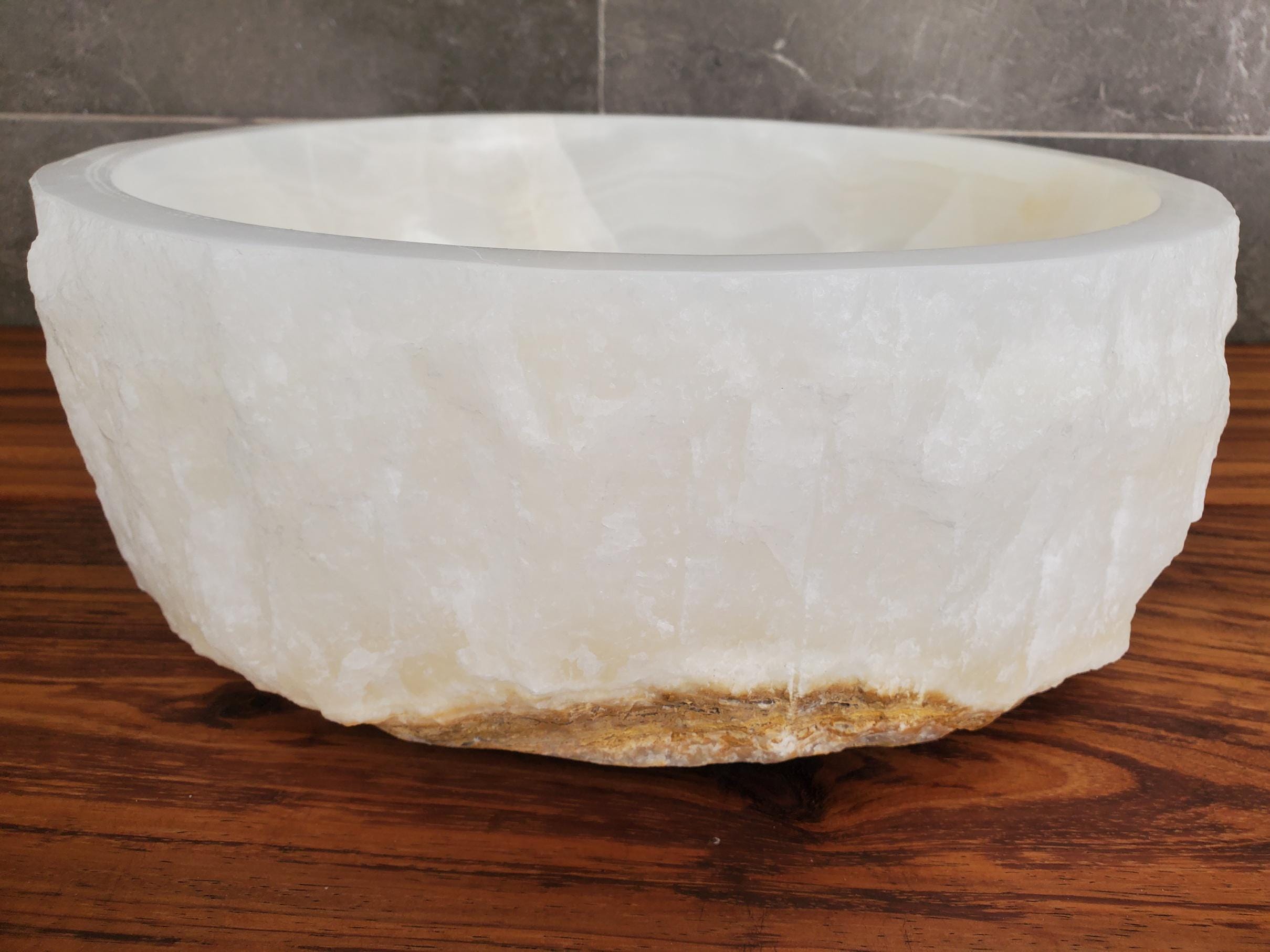 White Onyx Vessel Sink, Natural Stone Vanity Basin, Polished Bathroom Countertop Sink, Spa Decor 15x15 Inch Above Counter sink Bathroom Décor beige tan taupe hand basin bowl handmade powder room Home design trends luxury bathroom Marble Onix Rock modern contemporary natural stone sink plumbing fixture Rectangle Vessel Tan Rustic Onyx Vessel Sinks Translucent Polish