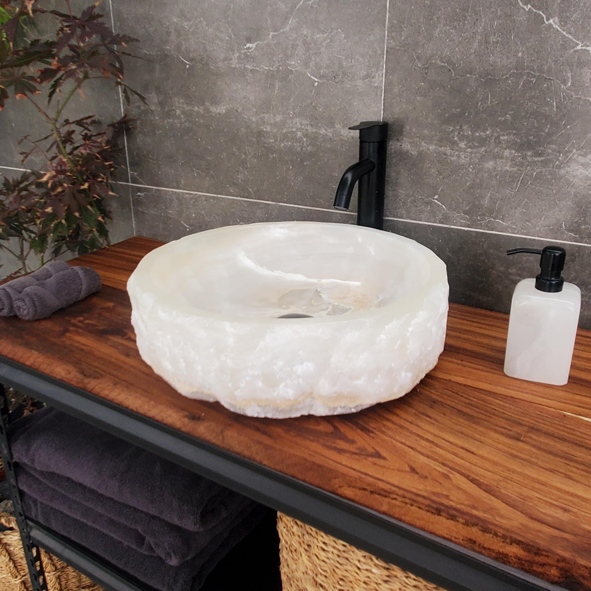 White Onyx Vessel Sink, 16x16 Inch Natural Stone Countertop Basin, Polished Luxury Vanity Sink, Spa Bathroom Decor Above Counter sink Bathroom Décor beige tan taupe hand basin bowl handmade powder room Home design trends luxury bathroom Marble Onix Rock modern contemporary natural stone sink plumbing fixture Rectangle Vessel Tan Rustic Onyx Vessel Sinks Translucent Polish
