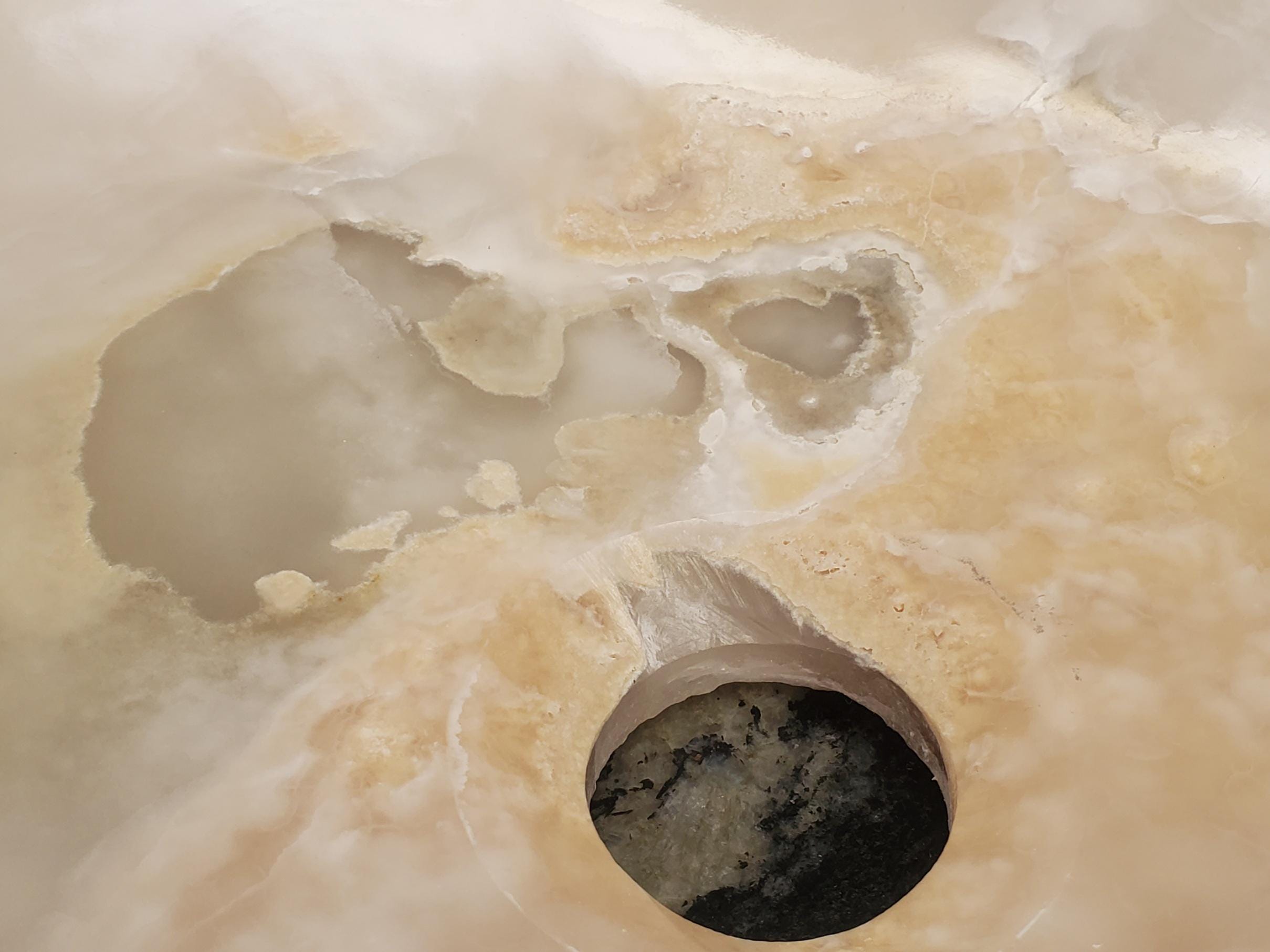 White Onyx Vessel Sink, 16x16 Inch Natural Stone Countertop Basin, Polished Luxury Vanity Sink, Spa Bathroom Decor Above Counter sink Bathroom Décor beige tan taupe hand basin bowl handmade powder room Home design trends luxury bathroom Marble Onix Rock modern contemporary natural stone sink plumbing fixture Rectangle Vessel Tan Rustic Onyx Vessel Sinks Translucent Polish
