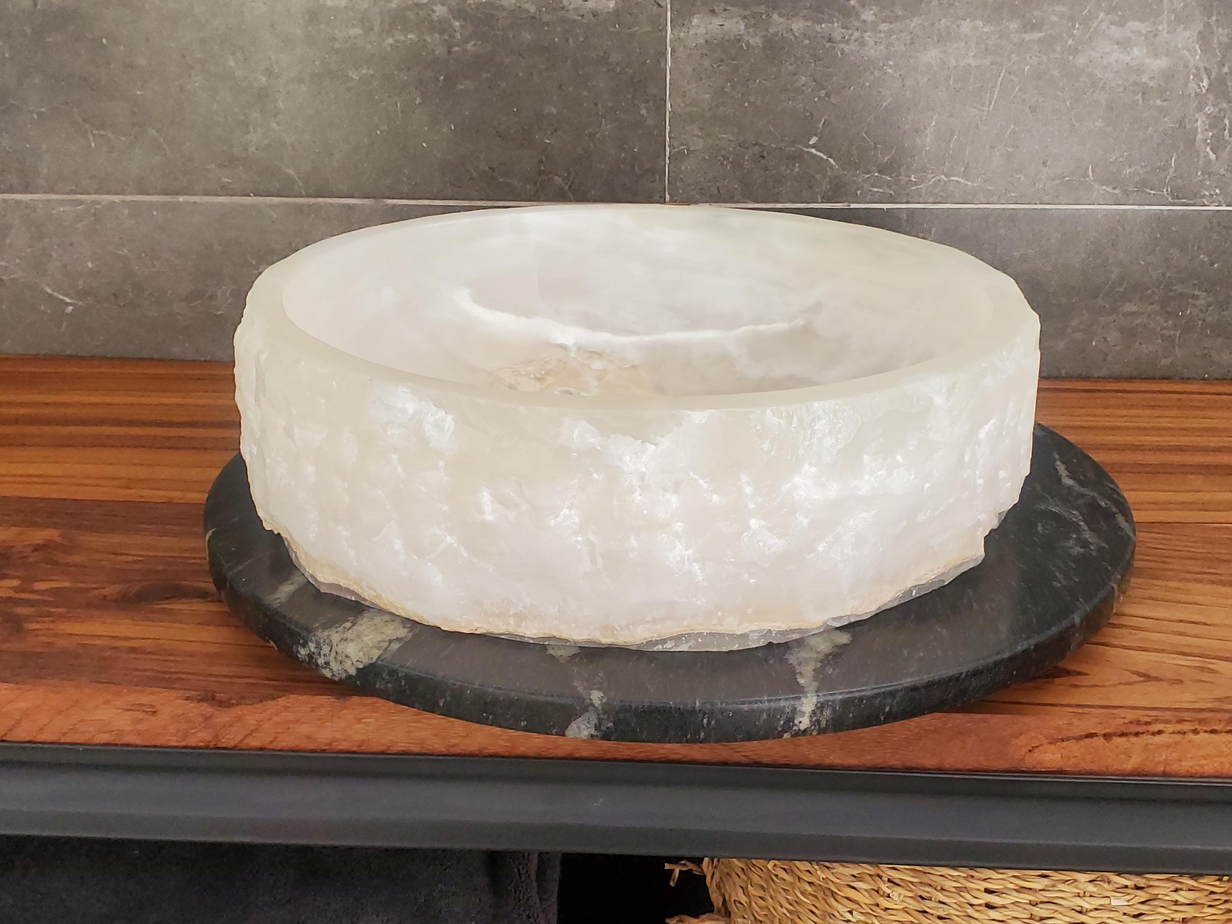 White Onyx Vessel Sink, 16x16 Inch Natural Stone Countertop Basin, Polished Luxury Vanity Sink, Spa Bathroom Decor Above Counter sink Bathroom Décor beige tan taupe hand basin bowl handmade powder room Home design trends luxury bathroom Marble Onix Rock modern contemporary natural stone sink plumbing fixture Rectangle Vessel Tan Rustic Onyx Vessel Sinks Translucent Polish