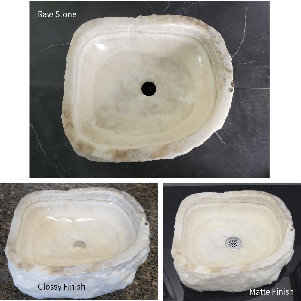 White Onyx Vessel Sink – Round Natural Stone Countertop Sink, Polished Vanity Basin, Luxury Spa Bathroom Decor 15.8x15.8 Inch Above Counter sink Bathroom Décor beige tan taupe hand basin bowl handmade powder room Home design trends luxury bathroom Marble Onix Rock modern contemporary natural stone sink plumbing fixture Rectangle Vessel Tan Rustic Onyx Vessel Sinks Translucent Polish