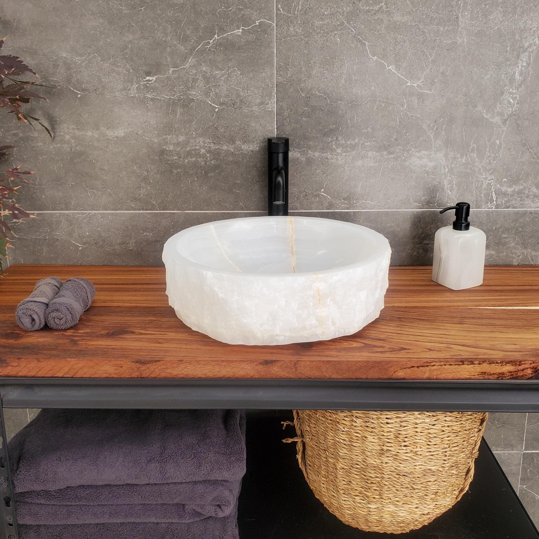 White Onyx Vessel Sink | Natural Stone Bathroom Sink | Live Edge Vanity Basin | Luxury Bathroom Sink | Handmade Onyx Sink 16x16 Inch Above Counter sink Bathroom Décor beige tan taupe hand basin bowl handmade powder room Home design trends luxury bathroom Marble Onix Rock modern contemporary natural stone sink plumbing fixture Rectangle Vessel Tan Rustic Onyx Vessel Sinks Translucent Polish