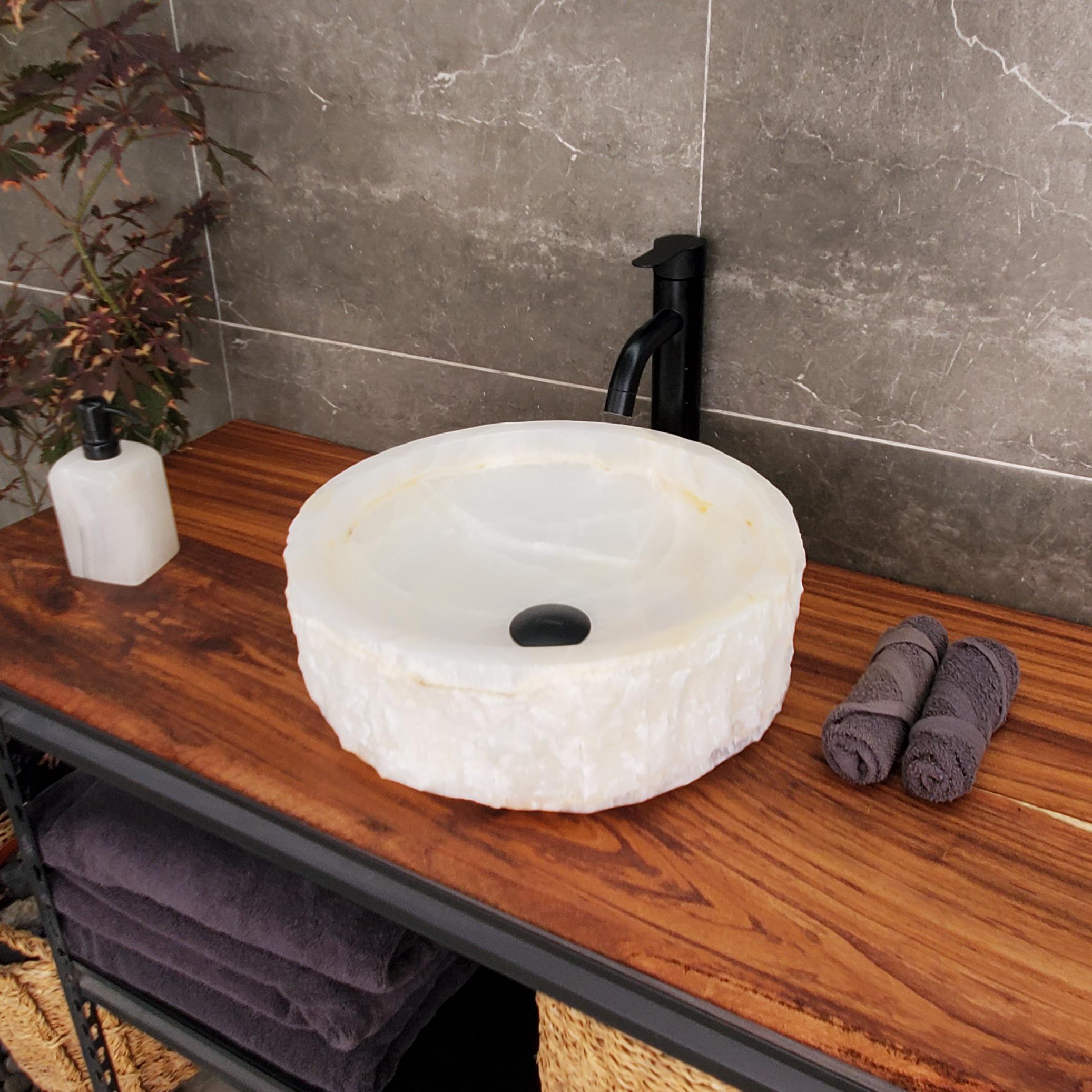 White Onyx Vessel Sink, Natural Stone Vanity Basin, Polished Bathroom Countertop Sink, Spa Decor 15x15 Inch Above Counter sink Bathroom Décor beige tan taupe hand basin bowl handmade powder room Home design trends luxury bathroom Marble Onix Rock modern contemporary natural stone sink plumbing fixture Rectangle Vessel Tan Rustic Onyx Vessel Sinks Translucent Polish