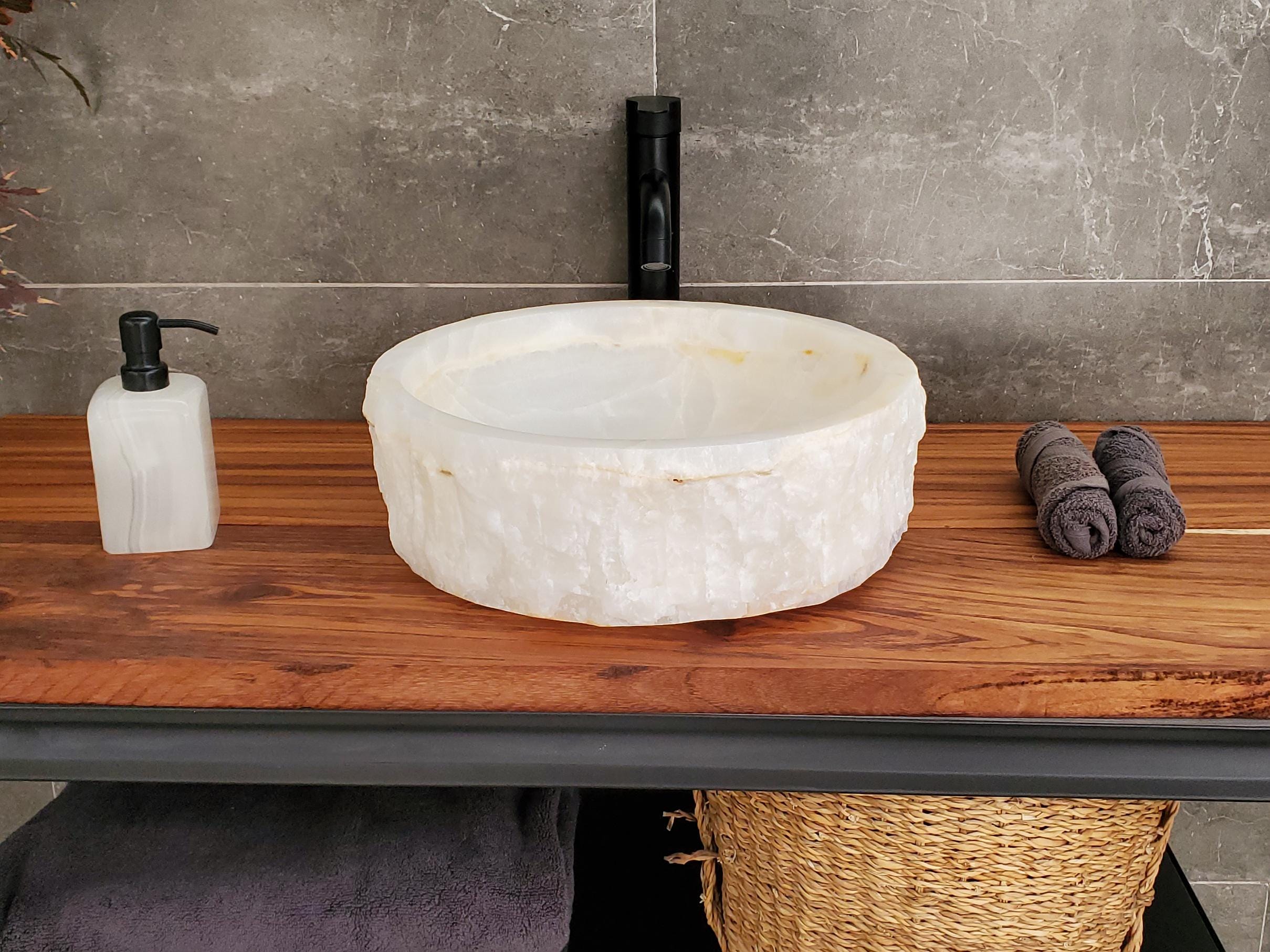 White Onyx Vessel Sink, Natural Stone Vanity Basin, Polished Bathroom Countertop Sink, Spa Decor 15x15 Inch Above Counter sink Bathroom Décor beige tan taupe hand basin bowl handmade powder room Home design trends luxury bathroom Marble Onix Rock modern contemporary natural stone sink plumbing fixture Rectangle Vessel Tan Rustic Onyx Vessel Sinks Translucent Polish