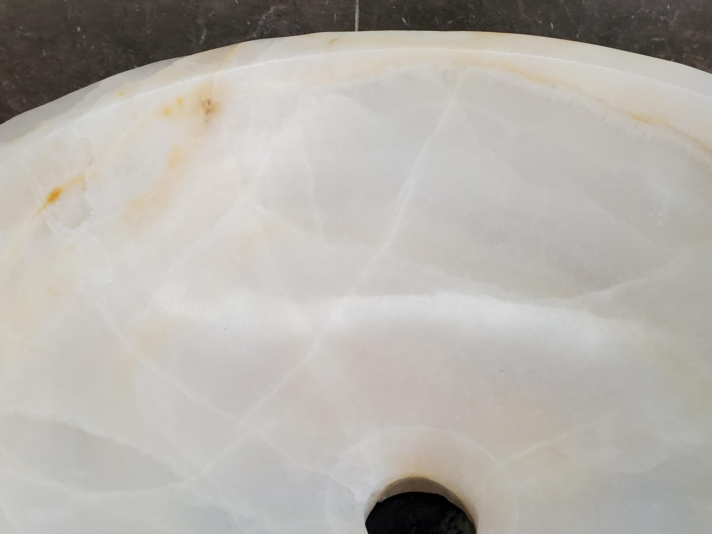 White Onyx Vessel Sink, Natural Stone Vanity Basin, Polished Bathroom Countertop Sink, Spa Decor 15x15 Inch Above Counter sink Bathroom Décor beige tan taupe hand basin bowl handmade powder room Home design trends luxury bathroom Marble Onix Rock modern contemporary natural stone sink plumbing fixture Rectangle Vessel Tan Rustic Onyx Vessel Sinks Translucent Polish