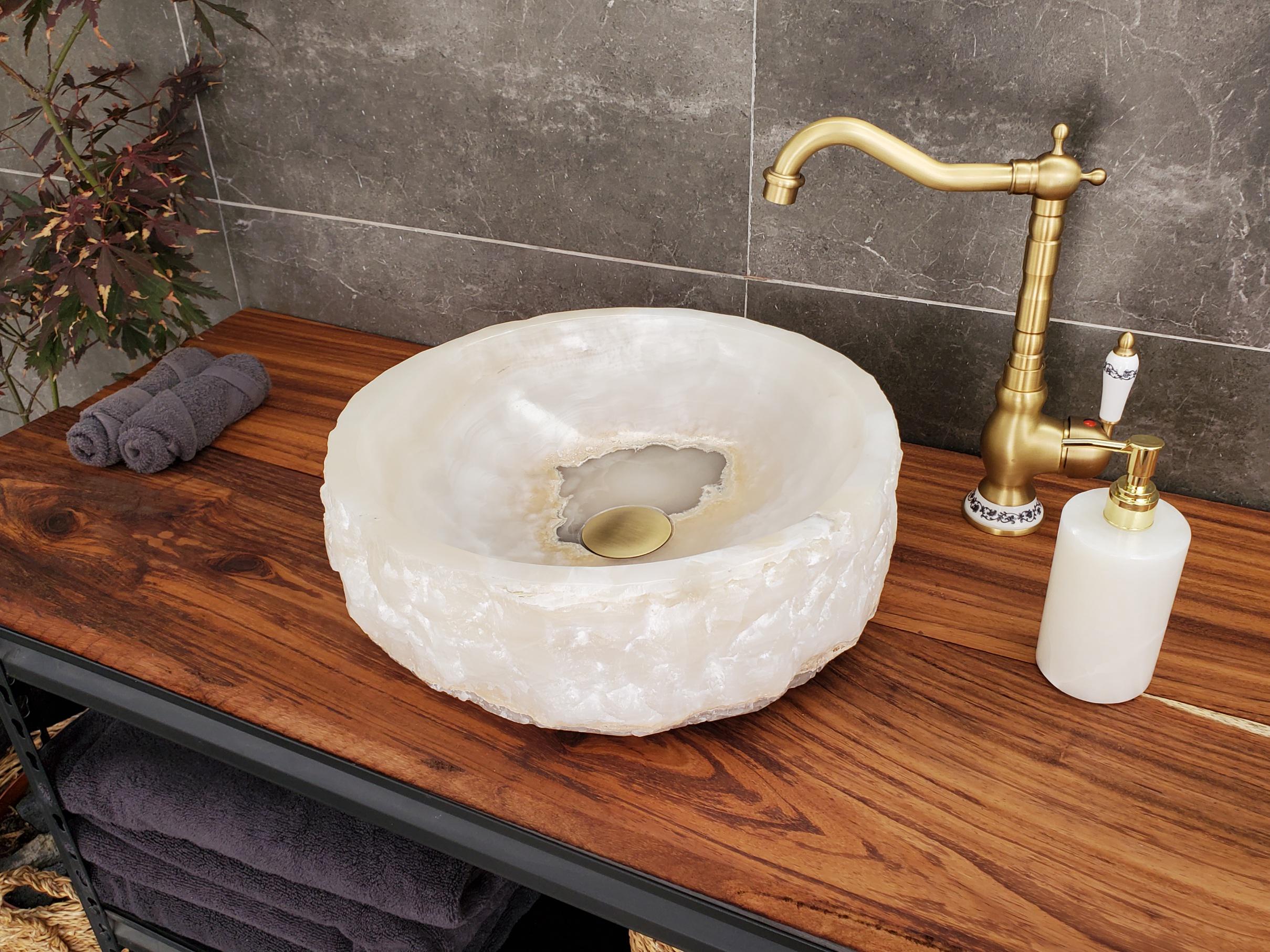 White Onyx Marble Vessel Sink, 15x15 Inch Natural Stone Countertop Basin, Polished Luxury Vanity Sink, Spa Bathroom Decor Above Counter sink Bathroom Décor beige tan taupe hand basin bowl handmade powder room Home design trends luxury bathroom Marble Onix Rock modern contemporary natural stone sink plumbing fixture Rectangle Vessel Tan Rustic Onyx Vessel Sinks Translucent Polish