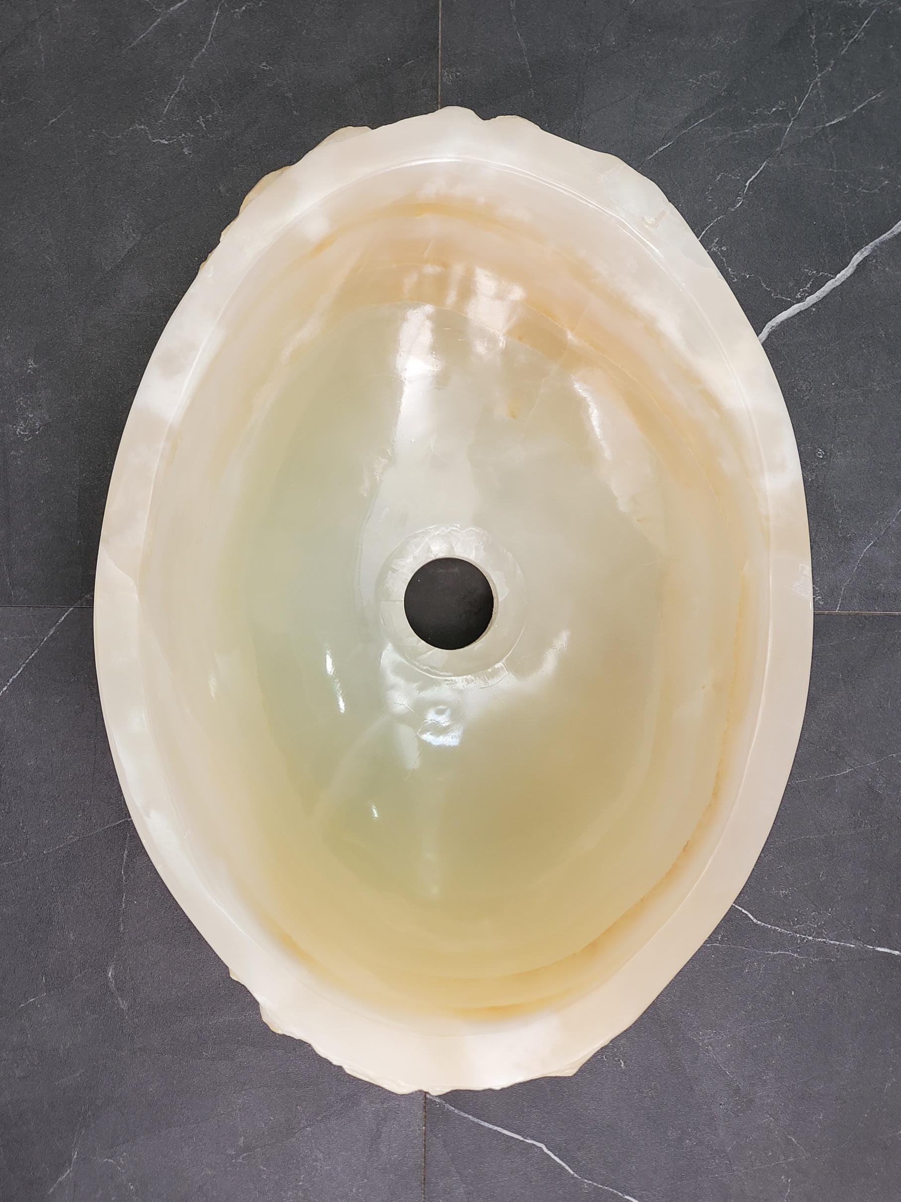 Cream White Onyx Marble Vessel Sink, Natural Stone Vanity Basin, Polished Bathroom Countertop Sink, Spa Decor 15.5x11.5 Inch Above Counter sink Bathroom Décor beige tan taupe hand basin bowl handmade powder room Home design trends luxury bathroom Marble Onix Rock modern contemporary natural stone sink plumbing fixture Rectangle Vessel Tan Rustic Onyx Vessel Sinks Translucent Polish