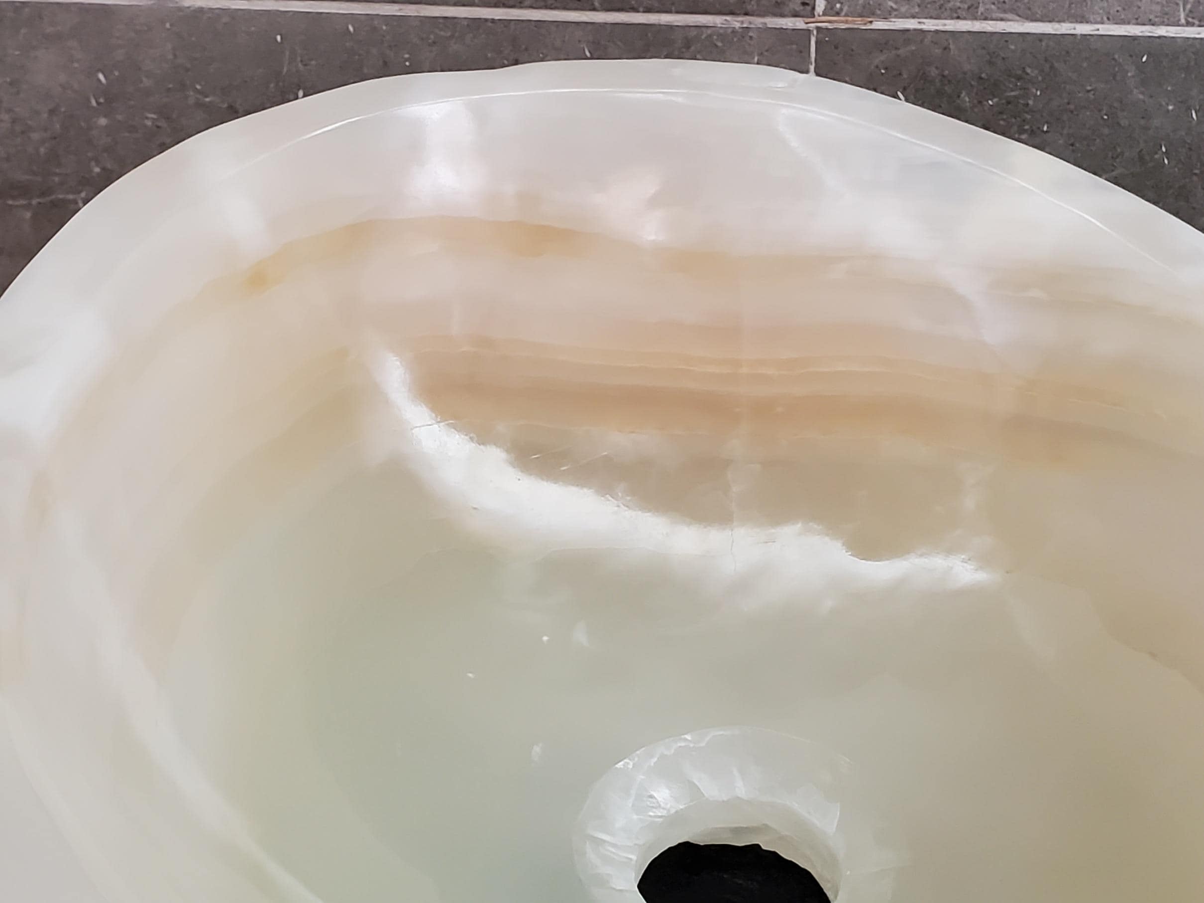 Cream White Onyx Marble Vessel Sink, Natural Stone Vanity Basin, Polished Bathroom Countertop Sink, Spa Decor 15.5x11.5 Inch Above Counter sink Bathroom Décor beige tan taupe hand basin bowl handmade powder room Home design trends luxury bathroom Marble Onix Rock modern contemporary natural stone sink plumbing fixture Rectangle Vessel Tan Rustic Onyx Vessel Sinks Translucent Polish
