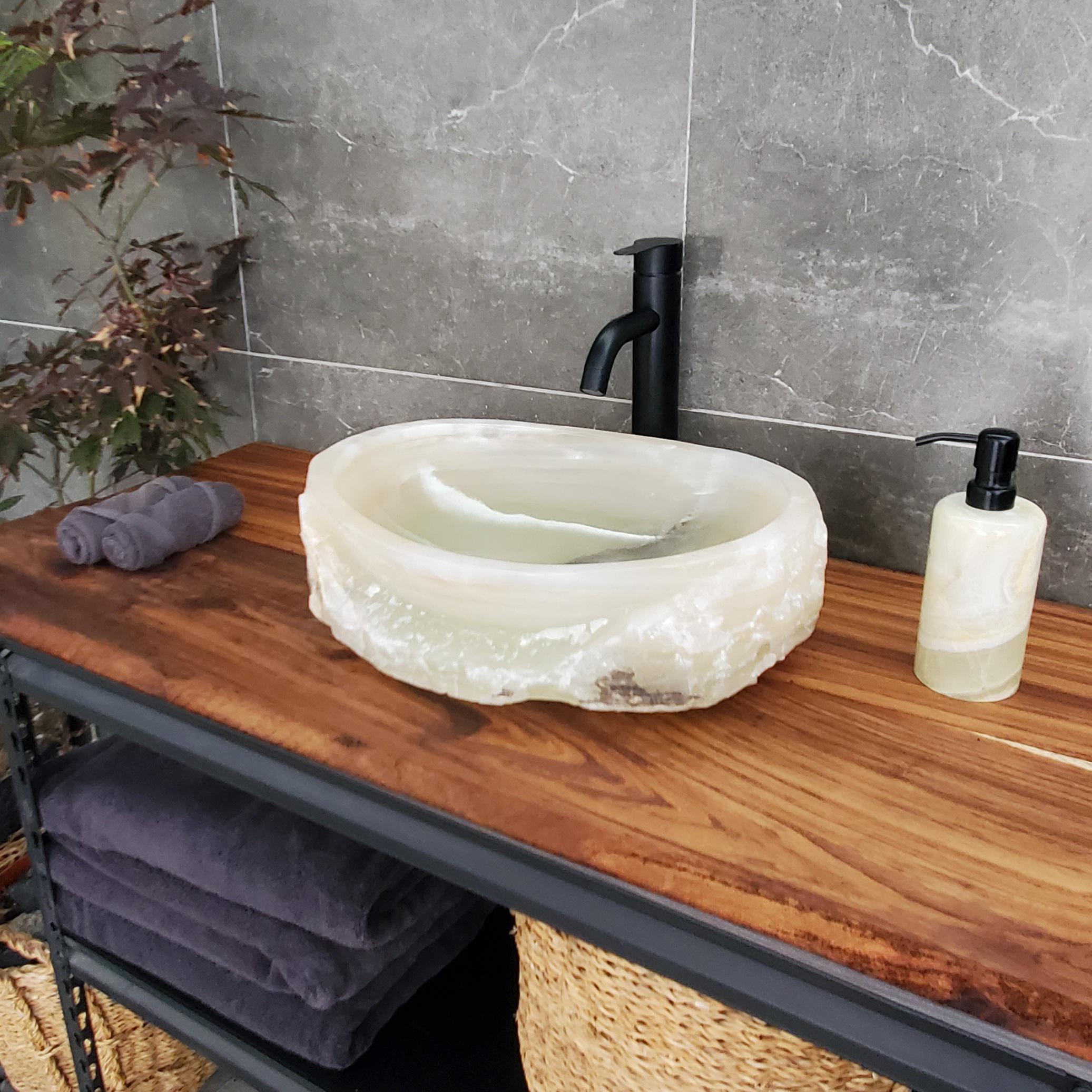 Green Onyx Marble Vessel Sink, Natural Stone Vanity Basin, Polished Bathroom Countertop Sink, Spa Decor 16.5x12.5 Inch Above Counter sink Bathroom Décor beige tan taupe hand basin bowl handmade powder room Home design trends luxury bathroom Marble Onix Rock modern contemporary natural stone sink plumbing fixture Rectangle Vessel Tan Rustic Onyx Vessel Sinks Translucent Polish