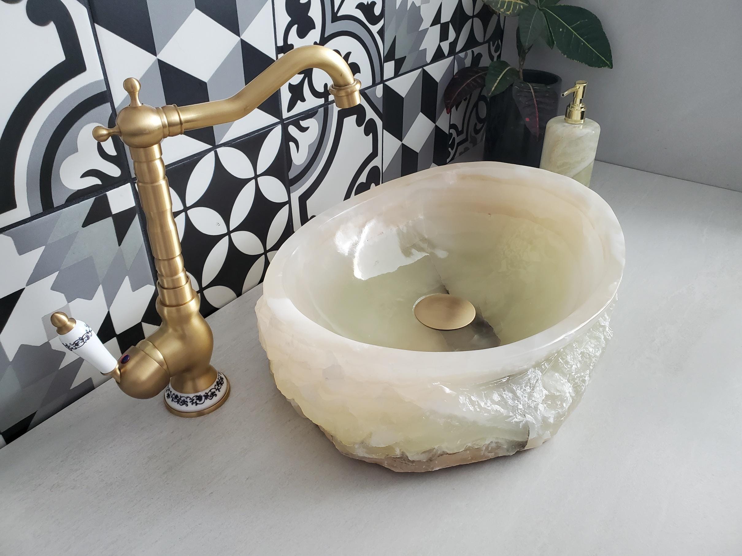 Green Onyx Marble Vessel Sink, Natural Stone Vanity Basin, Polished Bathroom Countertop Sink, Spa Decor 16.5x12.5 Inch Above Counter sink Bathroom Décor beige tan taupe hand basin bowl handmade powder room Home design trends luxury bathroom Marble Onix Rock modern contemporary natural stone sink plumbing fixture Rectangle Vessel Tan Rustic Onyx Vessel Sinks Translucent Polish