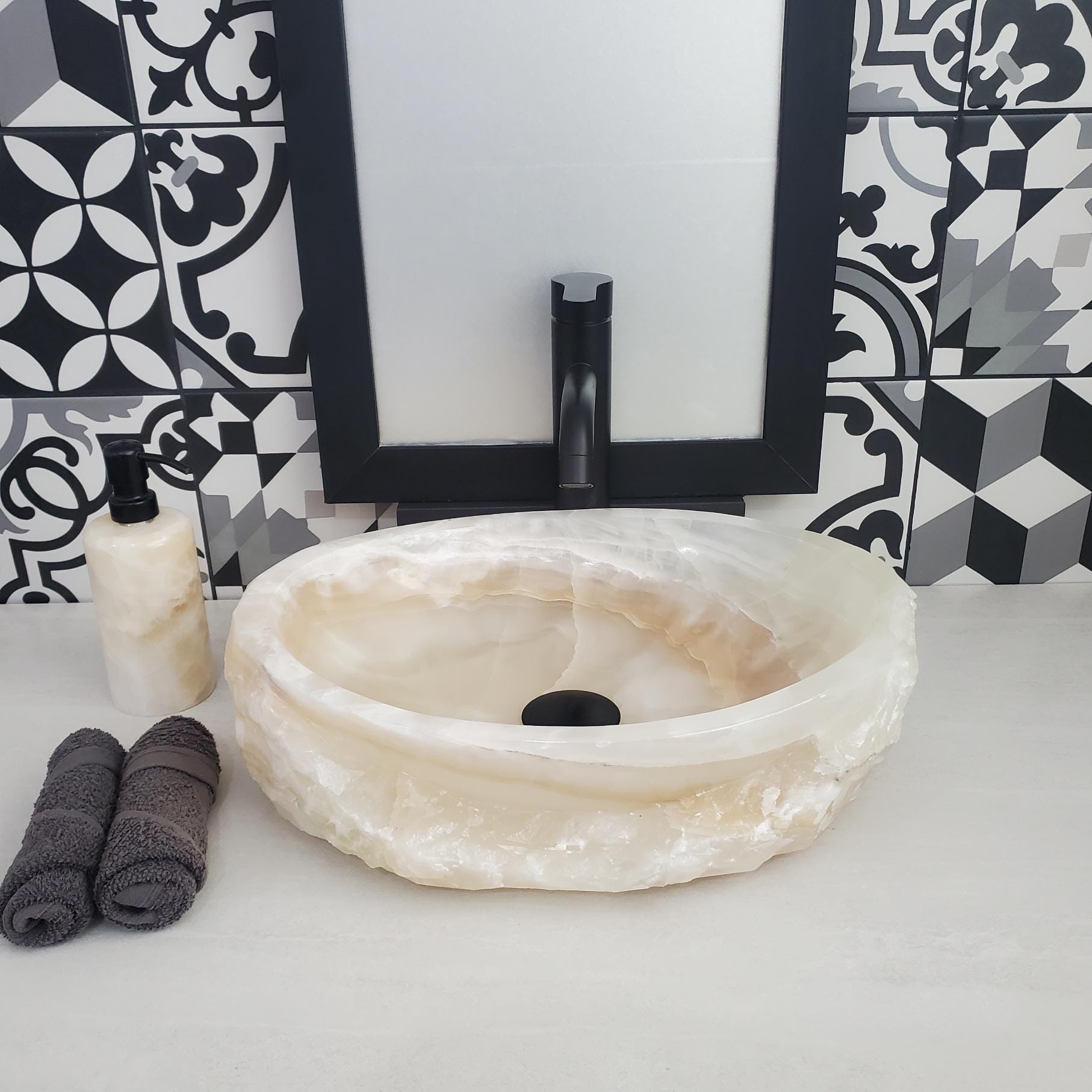 Beige Onyx Vessel Sink, 17x12.5 Inch Natural Stone Countertop Basin, Polished Luxury Vanity Sink, Spa Bathroom Decor Above Counter sink Bathroom Décor beige tan taupe hand basin bowl handmade powder room Home design trends luxury bathroom Marble Onix Rock modern contemporary natural stone sink plumbing fixture Rectangle Vessel Tan Rustic Onyx Vessel Sinks Translucent Polish