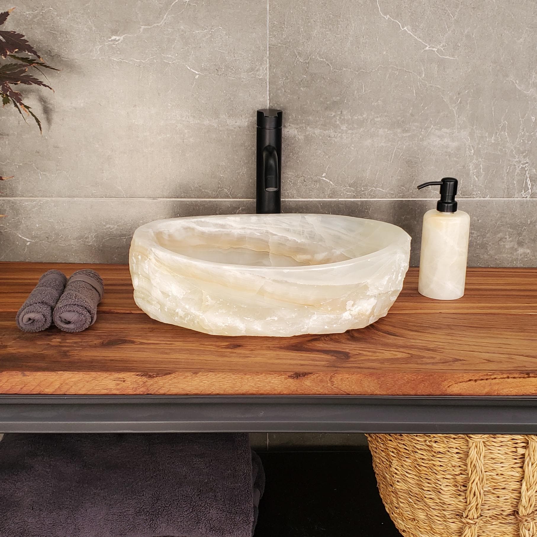 Beige Onyx Vessel Sink, 17x12.5 Inch Natural Stone Countertop Basin, Polished Luxury Vanity Sink, Spa Bathroom Decor Above Counter sink Bathroom Décor beige tan taupe hand basin bowl handmade powder room Home design trends luxury bathroom Marble Onix Rock modern contemporary natural stone sink plumbing fixture Rectangle Vessel Tan Rustic Onyx Vessel Sinks Translucent Polish