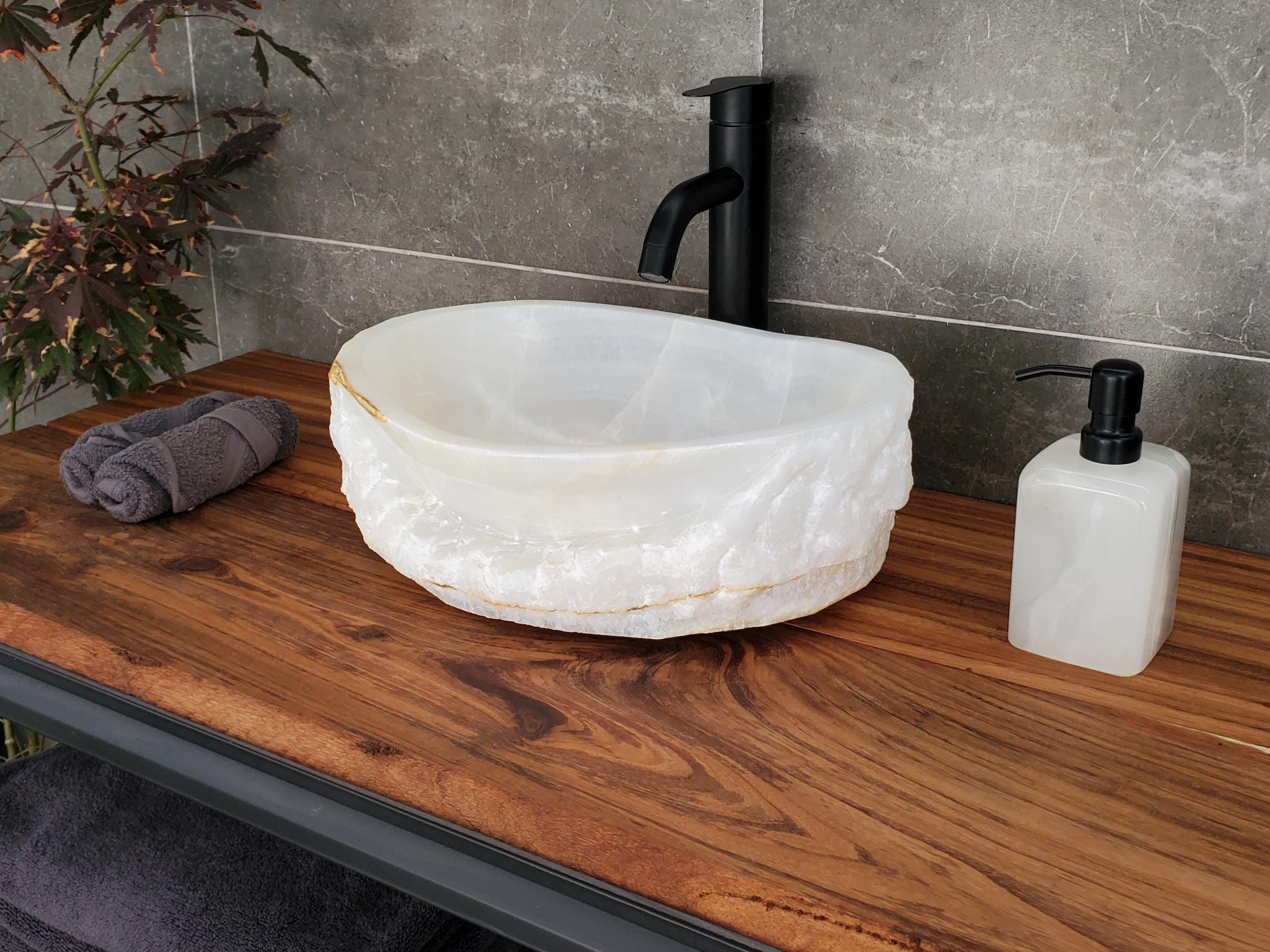 White Onyx Vessel Sink, Natural Stone Vanity Basin, Polished Bathroom Countertop Sink, Spa Decor 15x11.5 Inch Above Counter sink Bathroom Décor beige tan taupe hand basin bowl handmade powder room Home design trends luxury bathroom Marble Onix Rock modern contemporary natural stone sink plumbing fixture Rectangle Vessel Tan Rustic Onyx Vessel Sinks Translucent Polish