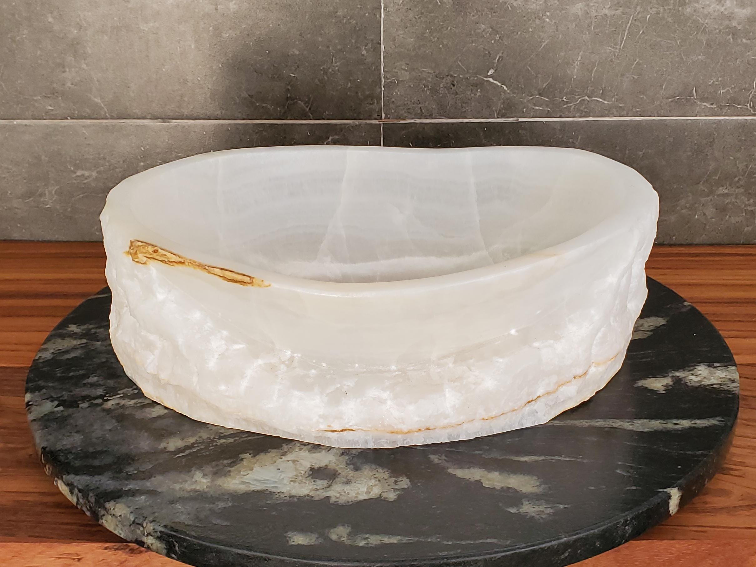 White Onyx Vessel Sink, Natural Stone Vanity Basin, Polished Bathroom Countertop Sink, Spa Decor 15x11.5 Inch Above Counter sink Bathroom Décor beige tan taupe hand basin bowl handmade powder room Home design trends luxury bathroom Marble Onix Rock modern contemporary natural stone sink plumbing fixture Rectangle Vessel Tan Rustic Onyx Vessel Sinks Translucent Polish