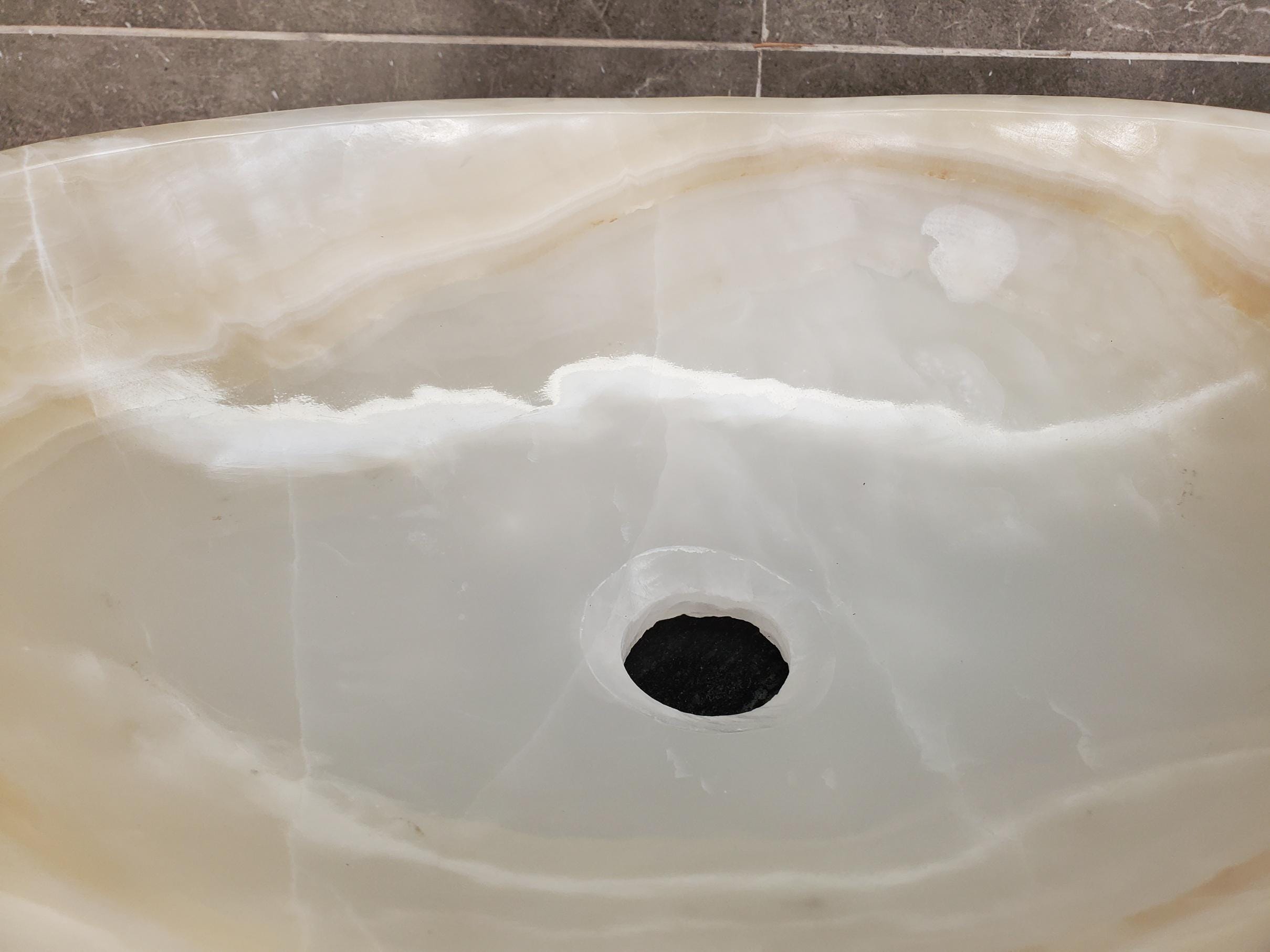 White Onyx Vessel Sink – Oval Natural Stone Countertop Sink, Polished Vanity Basin, Luxury Spa Bathroom Decor 16.5x12.5 Inch Above Counter sink Bathroom Décor beige tan taupe hand basin bowl handmade powder room Home design trends luxury bathroom Marble Onix Rock modern contemporary natural stone sink plumbing fixture Rectangle Vessel Tan Rustic Onyx Vessel Sinks Translucent Polish