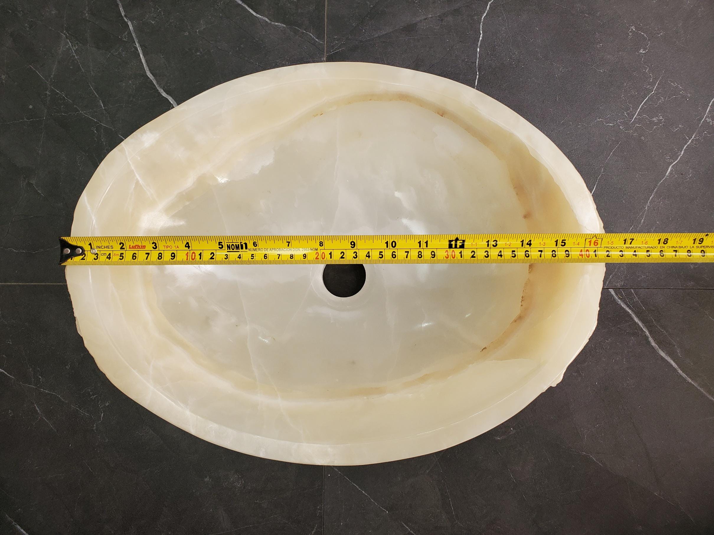 White Onyx Vessel Sink – Oval Natural Stone Countertop Sink, Polished Vanity Basin, Luxury Spa Bathroom Decor 16.5x12.5 Inch Above Counter sink Bathroom Décor beige tan taupe hand basin bowl handmade powder room Home design trends luxury bathroom Marble Onix Rock modern contemporary natural stone sink plumbing fixture Rectangle Vessel Tan Rustic Onyx Vessel Sinks Translucent Polish