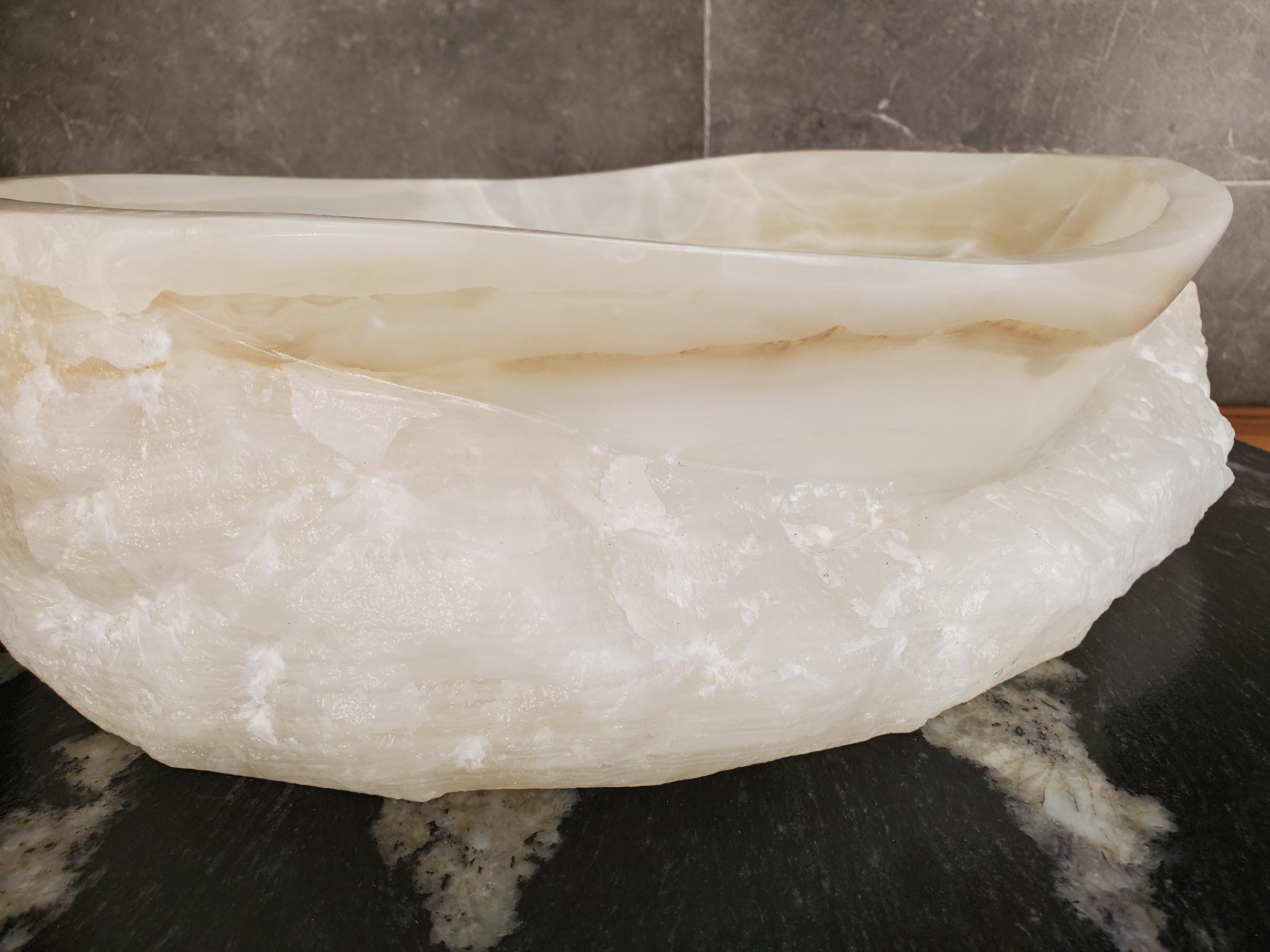 White Onyx Vessel Sink – Oval Natural Stone Countertop Sink, Polished Vanity Basin, Luxury Spa Bathroom Decor 16.5x12.5 Inch Above Counter sink Bathroom Décor beige tan taupe hand basin bowl handmade powder room Home design trends luxury bathroom Marble Onix Rock modern contemporary natural stone sink plumbing fixture Rectangle Vessel Tan Rustic Onyx Vessel Sinks Translucent Polish