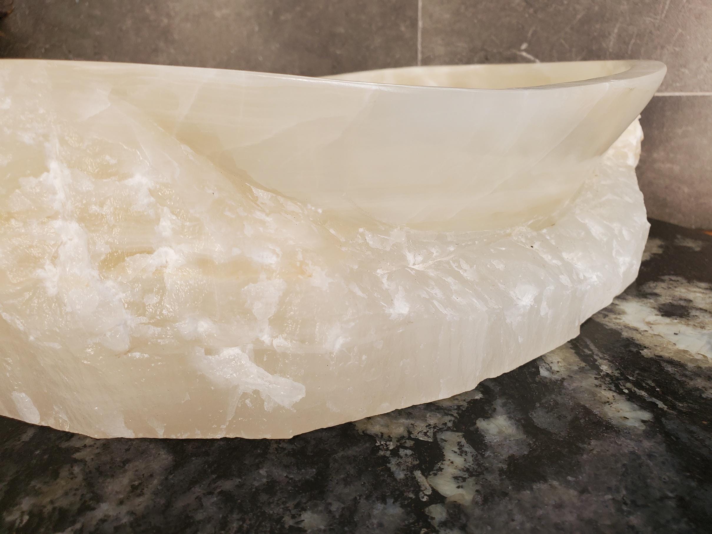 White Onyx Vessel Sink – Oval Natural Stone Countertop Sink, Polished Vanity Basin, Luxury Spa Bathroom Decor 16.5x12.5 Inch Above Counter sink Bathroom Décor beige tan taupe hand basin bowl handmade powder room Home design trends luxury bathroom Marble Onix Rock modern contemporary natural stone sink plumbing fixture Rectangle Vessel Tan Rustic Onyx Vessel Sinks Translucent Polish