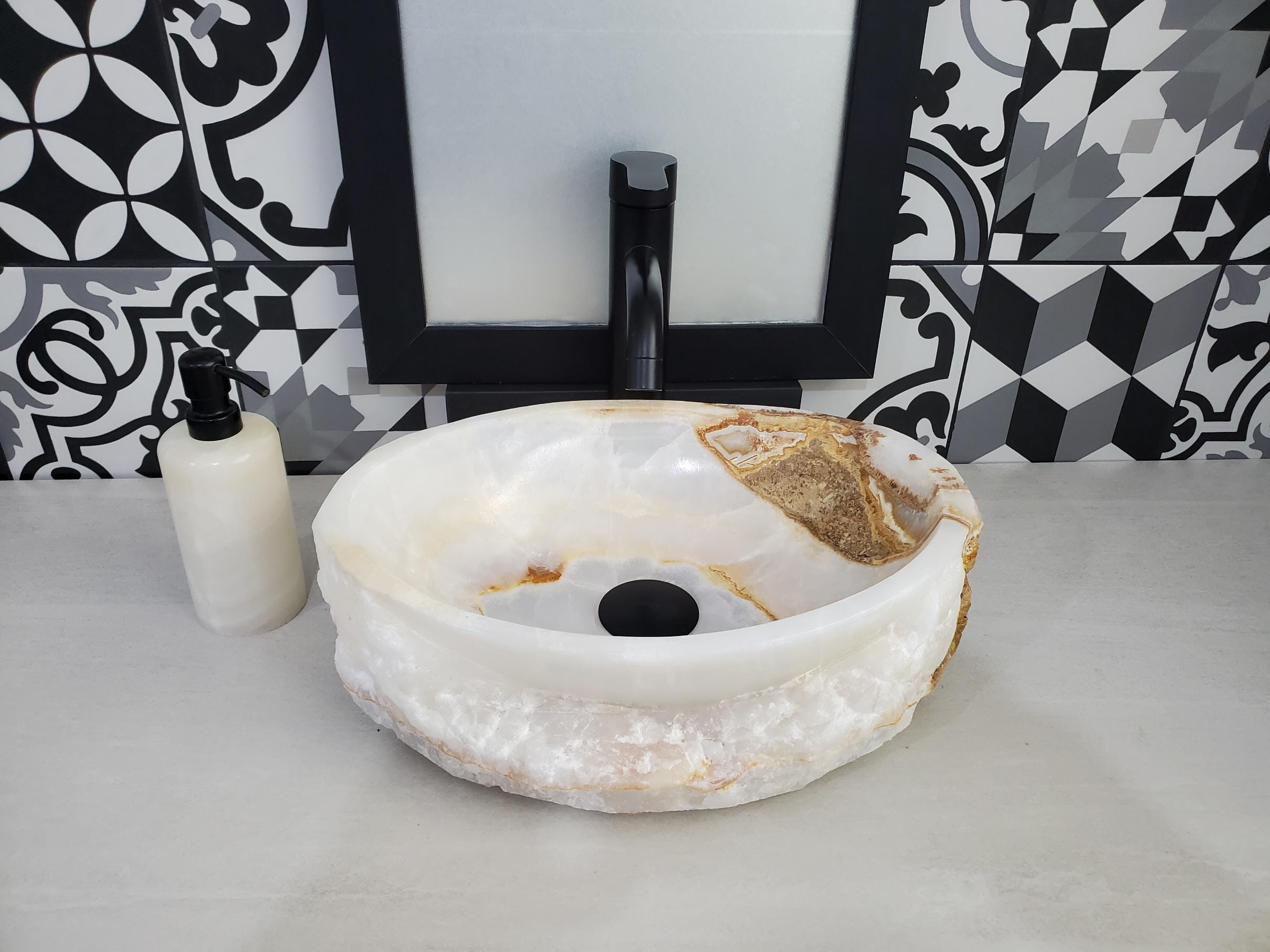 White Onyx Vessel Sink, 15x10.5 Inch Natural Stone Countertop Basin, Polished Luxury Vanity Sink, Spa Bathroom Decor Above Counter sink Bathroom Décor beige tan taupe hand basin bowl handmade powder room Home design trends luxury bathroom Marble Onix Rock modern contemporary natural stone sink plumbing fixture Rectangle Vessel Tan Rustic Onyx Vessel Sinks Translucent Polish