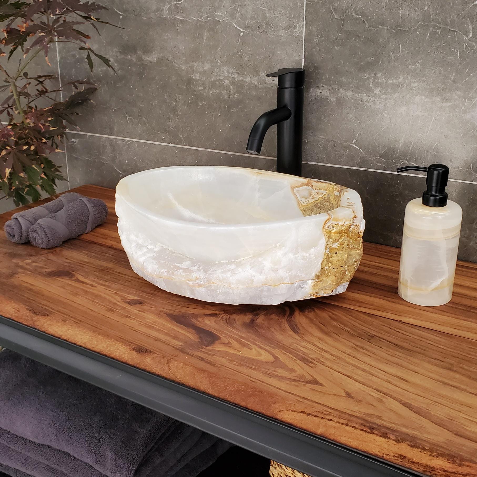 White Onyx Vessel Sink, 15x10.5 Inch Natural Stone Countertop Basin, Polished Luxury Vanity Sink, Spa Bathroom Decor Above Counter sink Bathroom Décor beige tan taupe hand basin bowl handmade powder room Home design trends luxury bathroom Marble Onix Rock modern contemporary natural stone sink plumbing fixture Rectangle Vessel Tan Rustic Onyx Vessel Sinks Translucent Polish