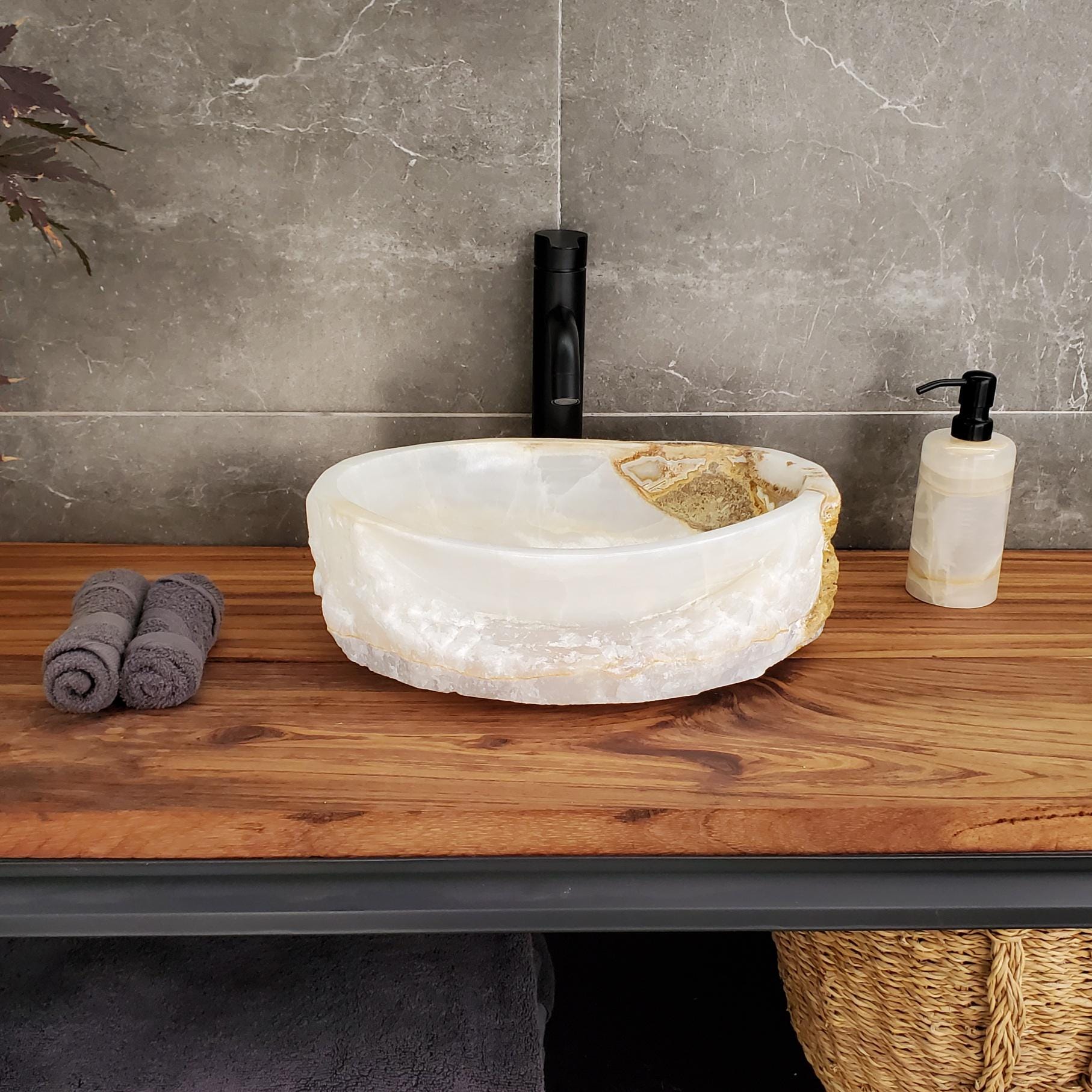White Onyx Vessel Sink, 15x10.5 Inch Natural Stone Countertop Basin, Polished Luxury Vanity Sink, Spa Bathroom Decor Above Counter sink Bathroom Décor beige tan taupe hand basin bowl handmade powder room Home design trends luxury bathroom Marble Onix Rock modern contemporary natural stone sink plumbing fixture Rectangle Vessel Tan Rustic Onyx Vessel Sinks Translucent Polish