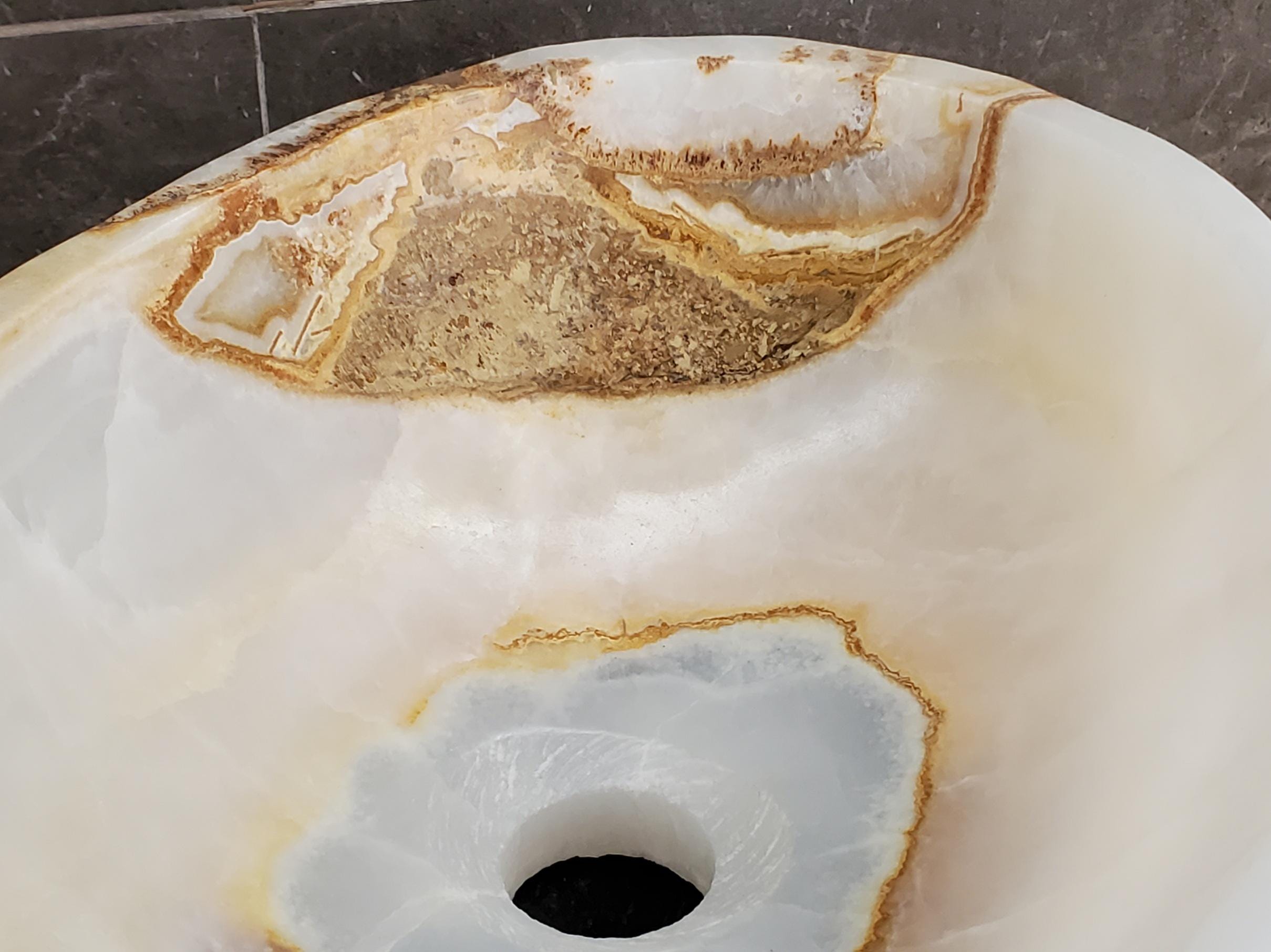 White Onyx Vessel Sink, 15x10.5 Inch Natural Stone Countertop Basin, Polished Luxury Vanity Sink, Spa Bathroom Decor Above Counter sink Bathroom Décor beige tan taupe hand basin bowl handmade powder room Home design trends luxury bathroom Marble Onix Rock modern contemporary natural stone sink plumbing fixture Rectangle Vessel Tan Rustic Onyx Vessel Sinks Translucent Polish