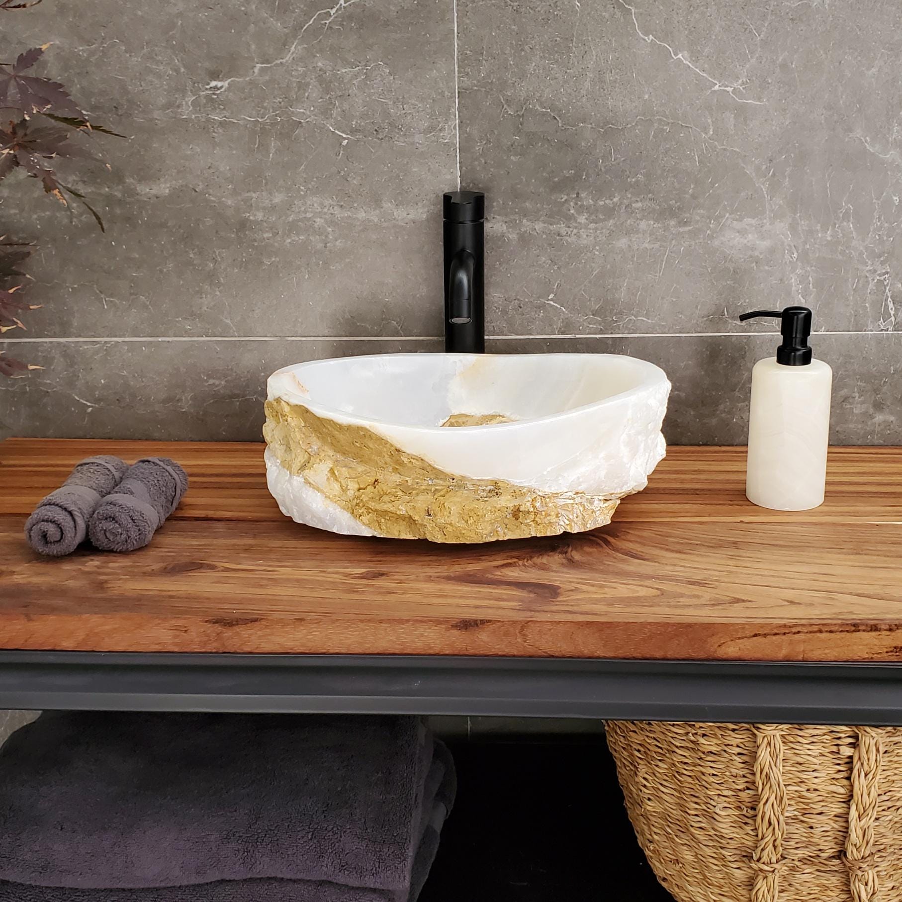 White Onyx Marble Vessel Sink – Oval Natural Stone Countertop Sink, Polished Vanity Basin, Luxury Spa Bathroom Decor 15x11 Inch Above Counter sink Bathroom Décor beige tan taupe hand basin bowl handmade powder room Home design trends luxury bathroom Marble Onix Rock modern contemporary natural stone sink plumbing fixture Rectangle Vessel Tan Rustic Onyx Vessel Sinks Translucent Polish