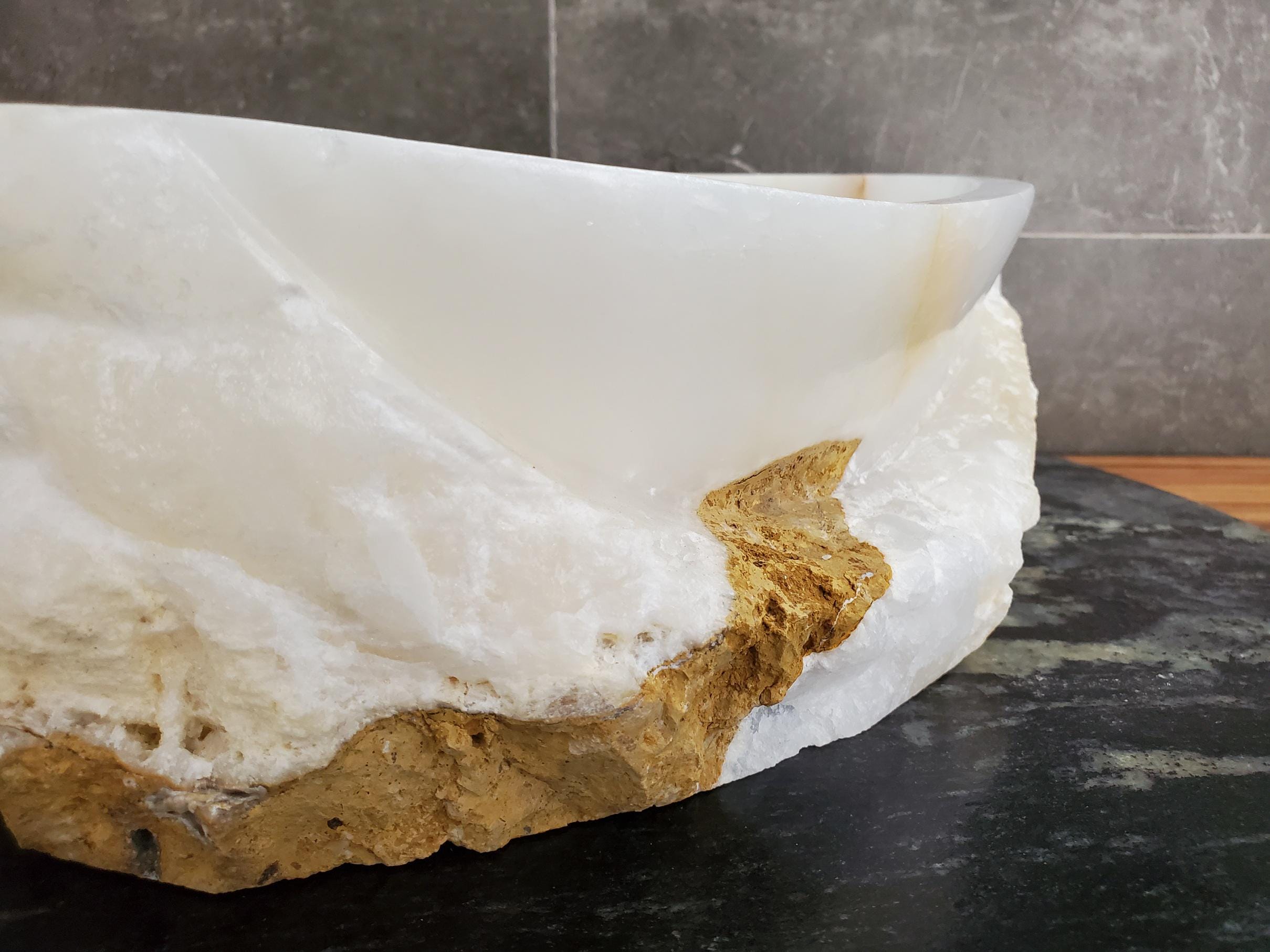 White Onyx Marble Vessel Sink – Oval Natural Stone Countertop Sink, Polished Vanity Basin, Luxury Spa Bathroom Decor 15x11 Inch Above Counter sink Bathroom Décor beige tan taupe hand basin bowl handmade powder room Home design trends luxury bathroom Marble Onix Rock modern contemporary natural stone sink plumbing fixture Rectangle Vessel Tan Rustic Onyx Vessel Sinks Translucent Polish