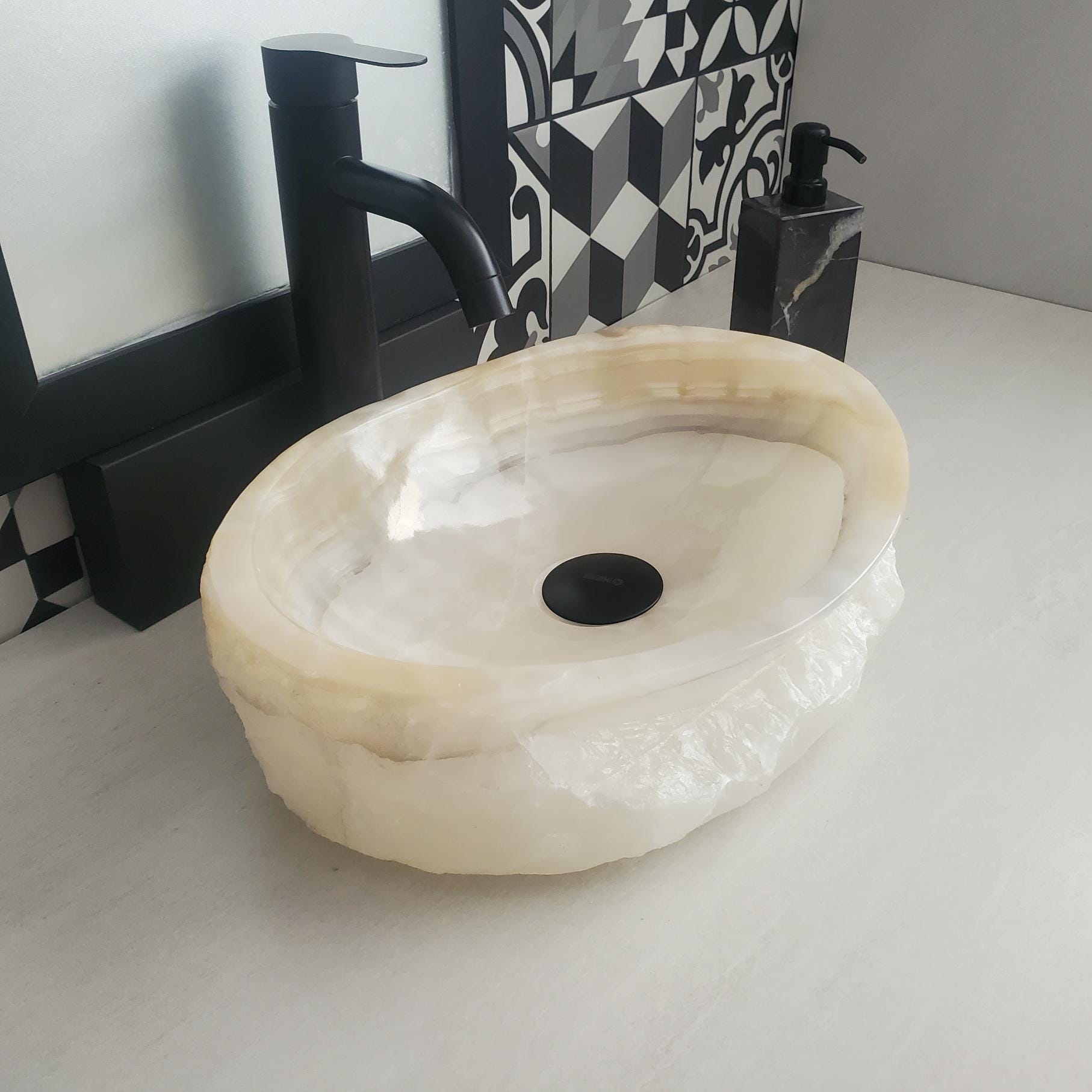 Cream Onyx Vessel Sink, 15x11.5 Inch Natural Stone Countertop Basin, Polished Luxury Vanity Sink, Spa Bathroom Decor Above Counter sink Bathroom Décor beige tan taupe hand basin bowl handmade powder room Home design trends luxury bathroom Marble Onix Rock modern contemporary natural stone sink plumbing fixture Rectangle Vessel Tan Rustic Onyx Vessel Sinks Translucent Polish
