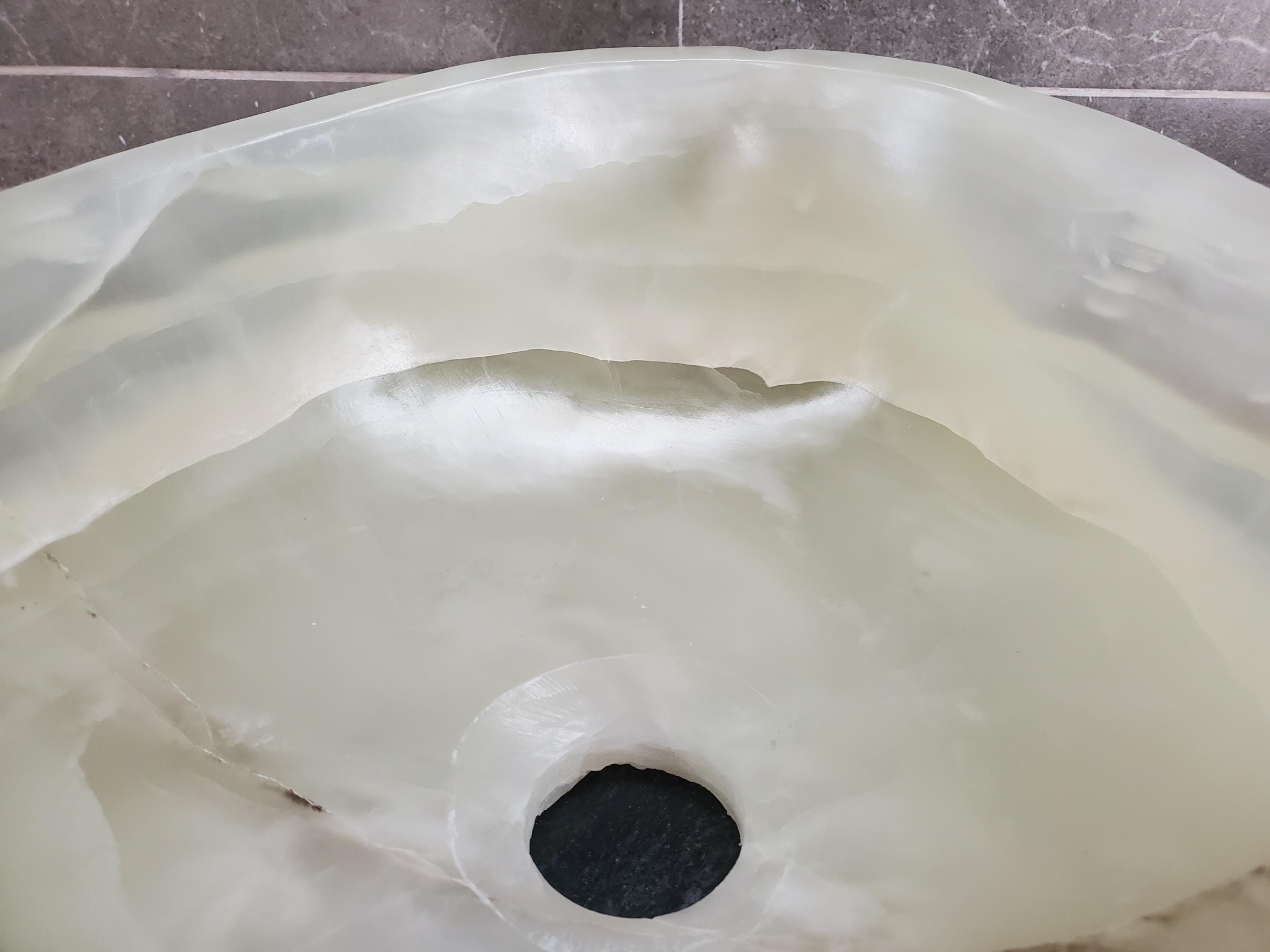 Green Onyx Vessel Sink, Natural Stone Vanity Basin, Polished Bathroom Countertop Sink, Spa Decor 15x11.5 Inch Above Counter sink Bathroom Décor beige tan taupe hand basin bowl handmade powder room Home design trends luxury bathroom Marble Onix Rock modern contemporary natural stone sink plumbing fixture Rectangle Vessel Tan Rustic Onyx Vessel Sinks Translucent Polish