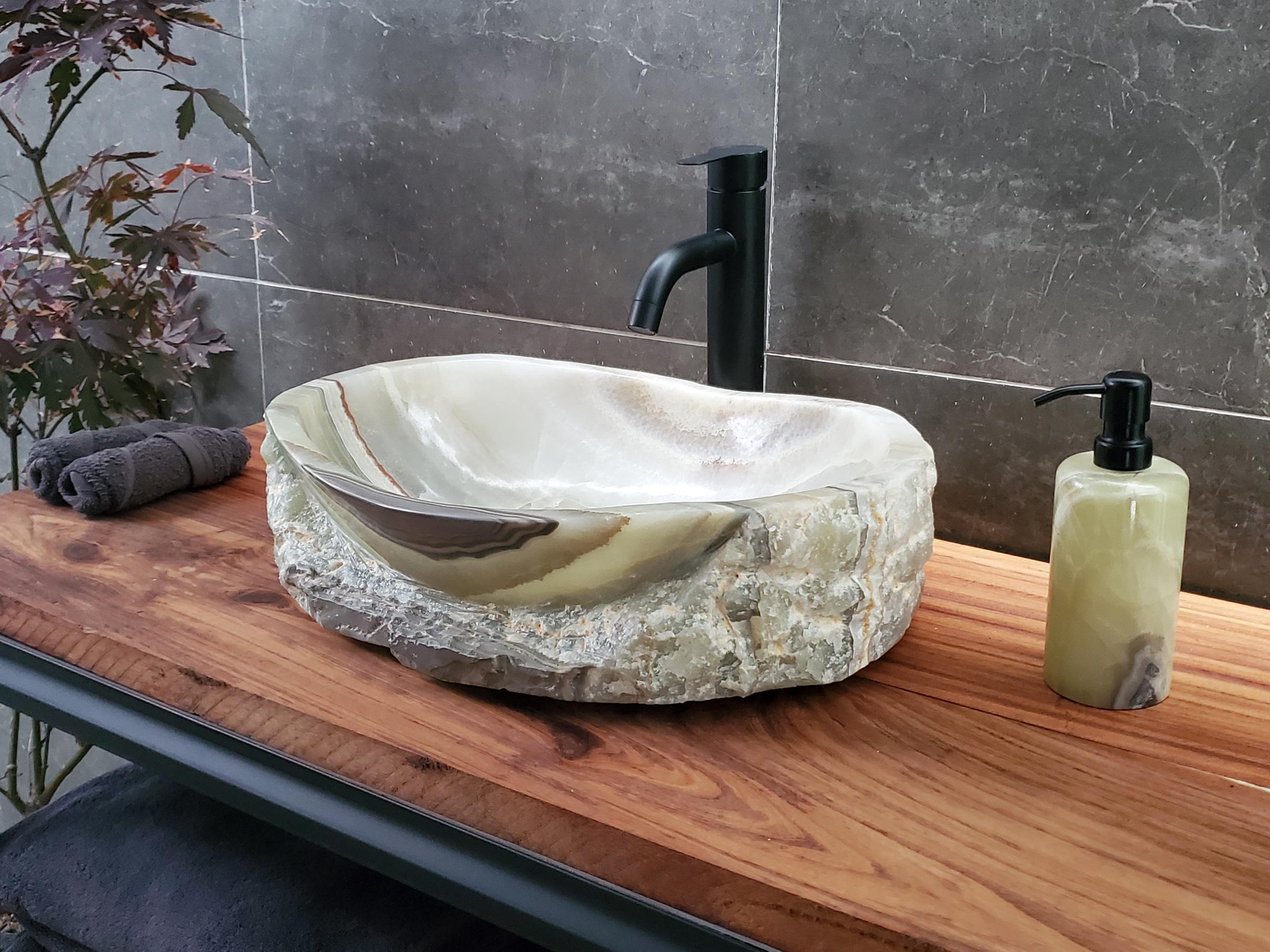 Green Onyx Marble Vessel Sink, 18x13.5 Inch Natural Stone Countertop Basin, Polished Luxury Vanity Sink, Spa Bathroom Decor Above Counter sink Bathroom Décor beige tan taupe hand basin bowl handmade powder room Home design trends luxury bathroom Marble Onix Rock modern contemporary natural stone sink plumbing fixture Rectangle Vessel Tan Rustic Onyx Vessel Sinks Translucent Polish